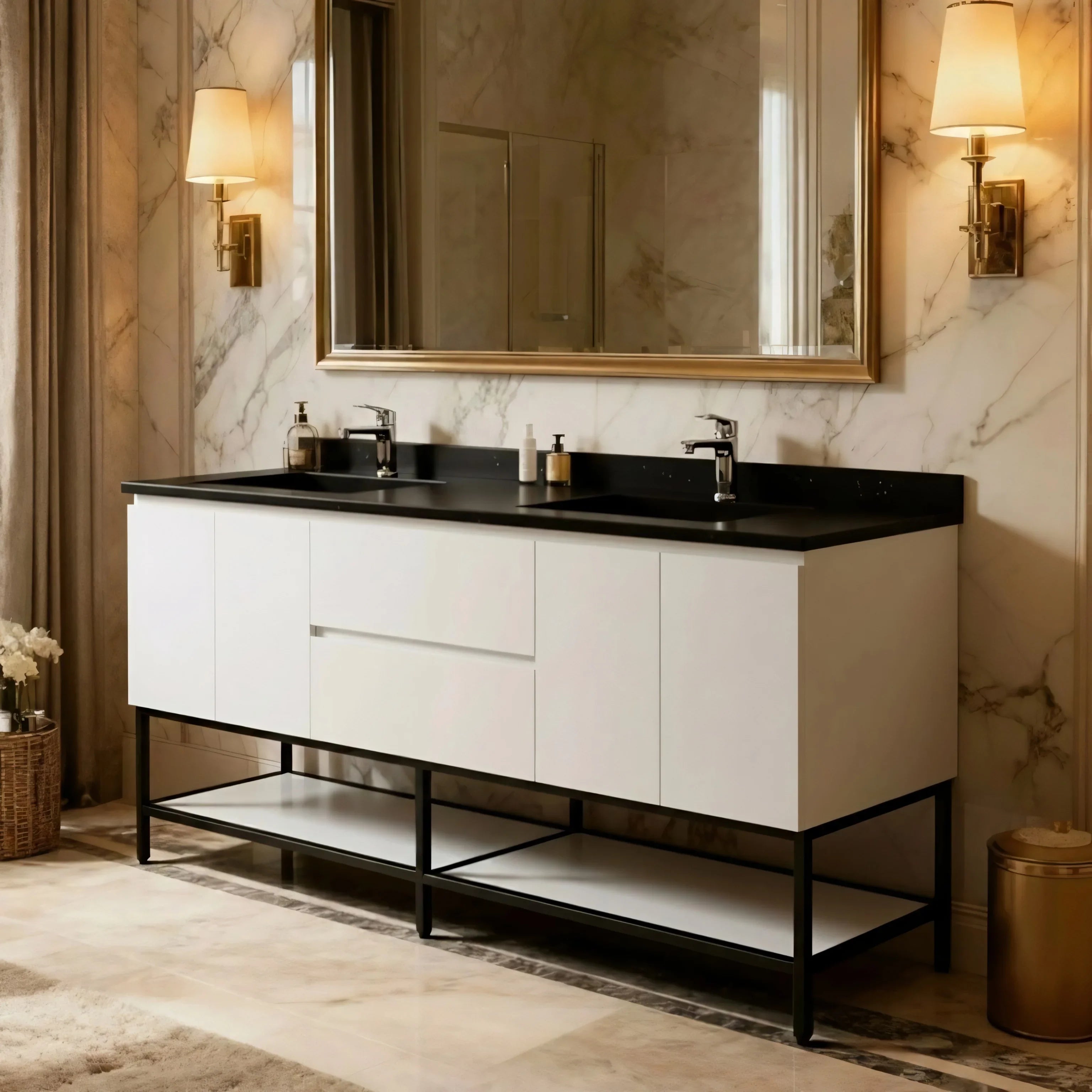 Meuble-Lavabo Mural 72po Blanc avec Comptoir de Quartz d'ingénierie Noir