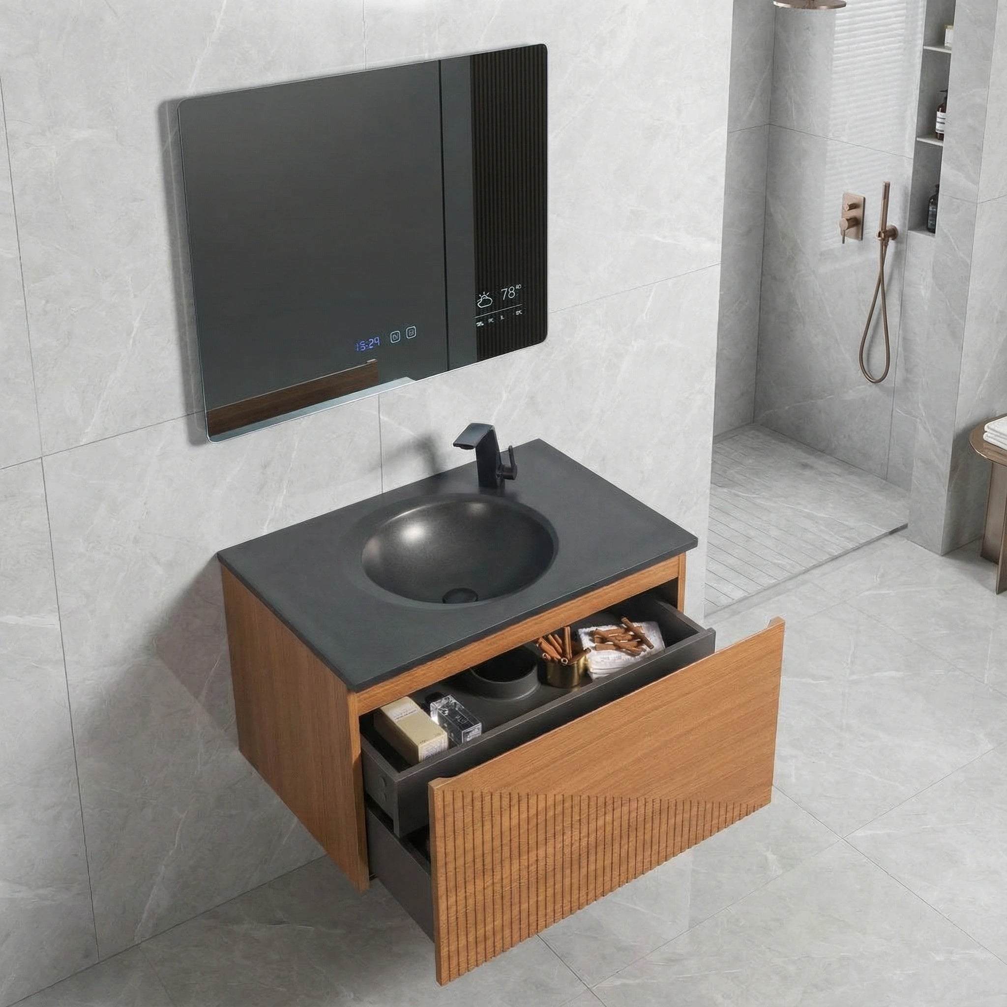 30" Light Oak Wall Mount Bathroom Vanity with Black Engineered Quartz Countertop