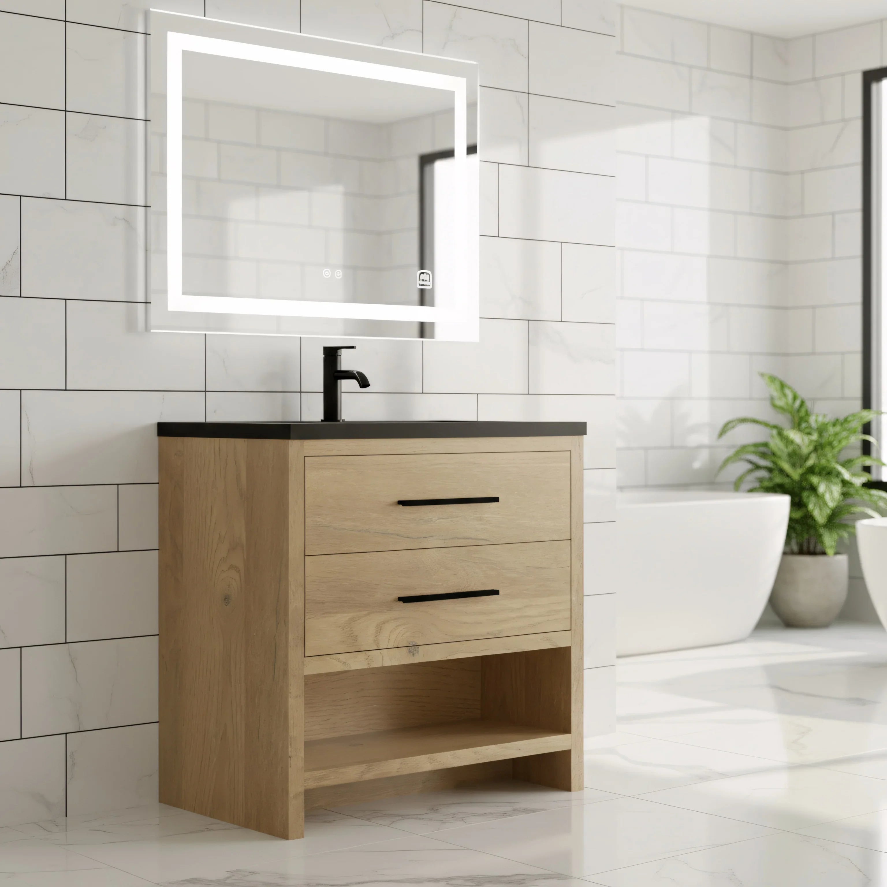 36" Rough Oak Freestanding Bathroom Vanity with Black Engineered Quartz Countertop