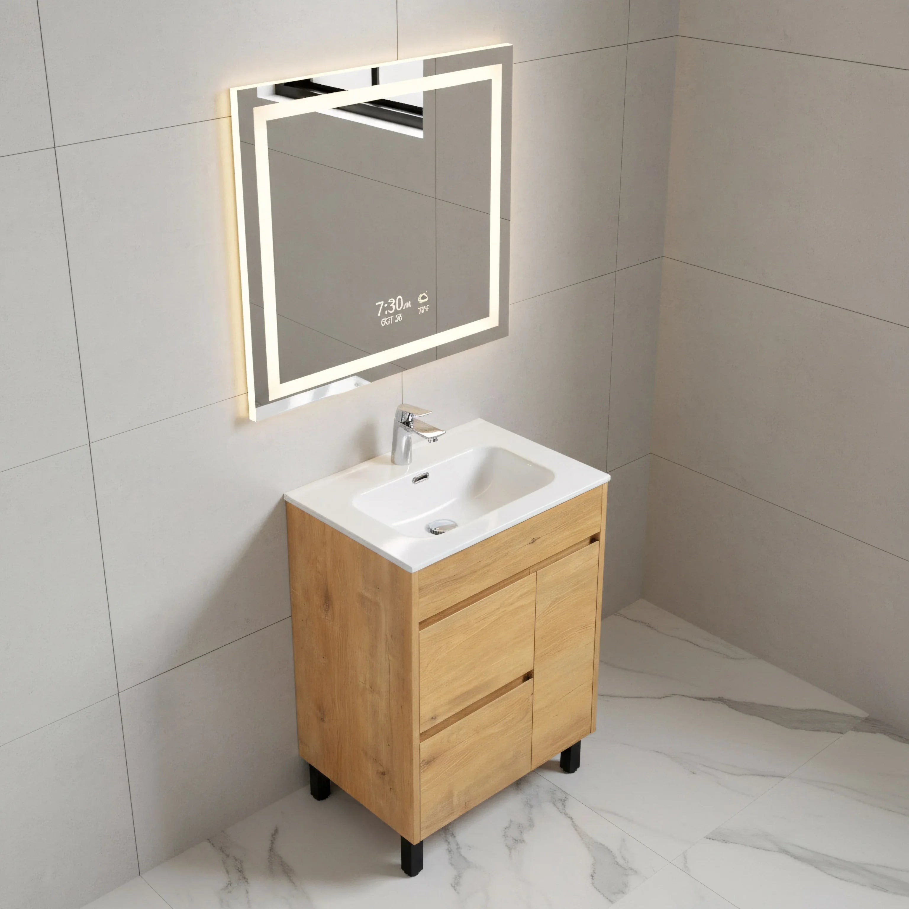 Meuble-Lavabo Autoportant 24po Chêne Givré avec Comptoir de Céramique Blanc