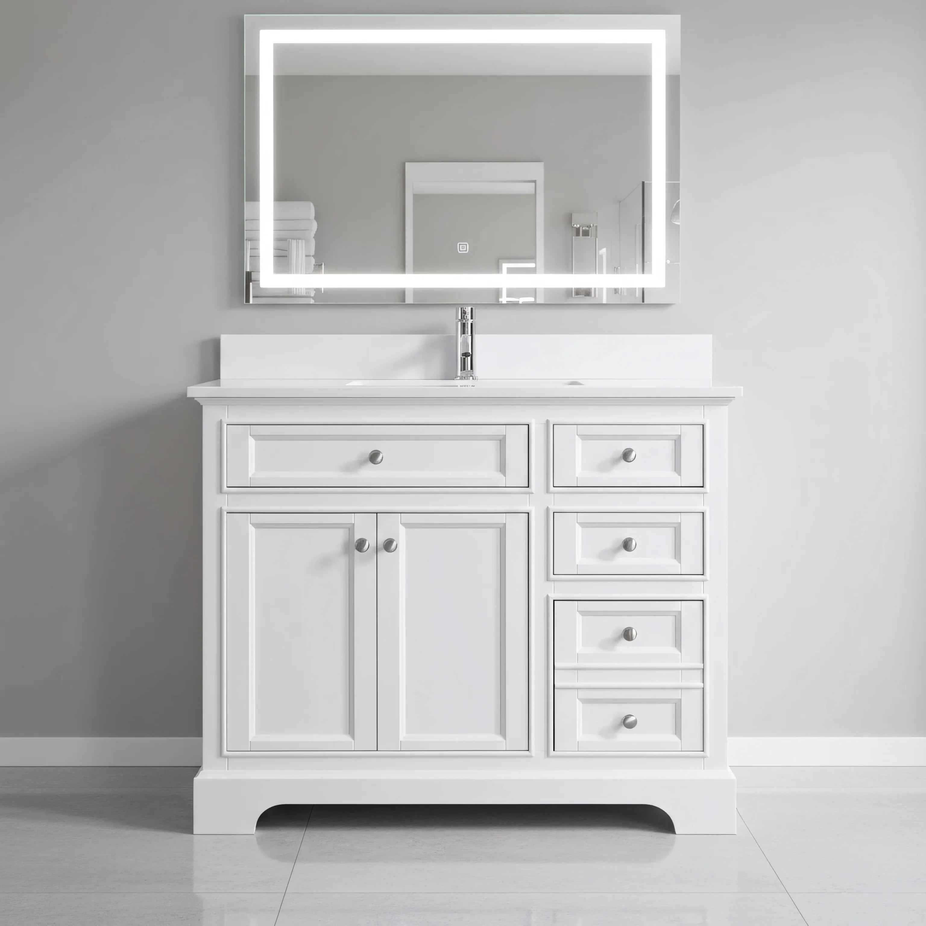 Meuble-Lavabo Autoportant 42po Blanc avec Comptoir de Quartz Blanc