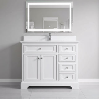 42" White Freestanding Bathroom Vanity with Solid White Quartz Countertop