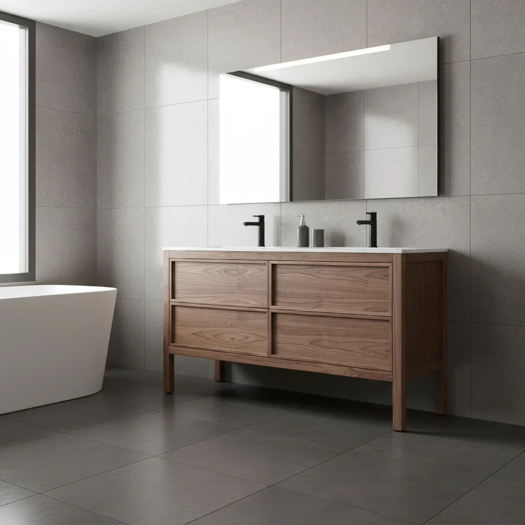 60" Natural Walnut Freestanding Double Sink Bathroom Vanity with White Solid Surface Countertop