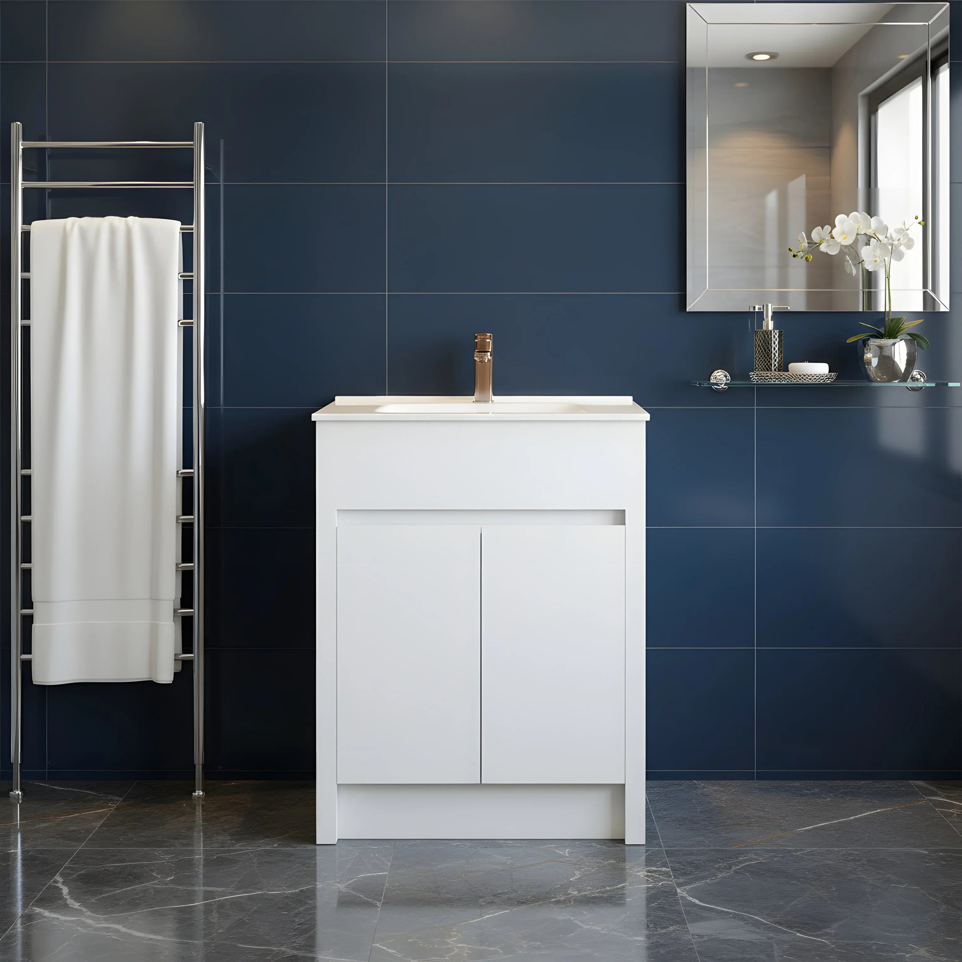 Meuble-Lavabo Autoportant 24po Blanc Mat avec Comptoir de Céramique Blanc