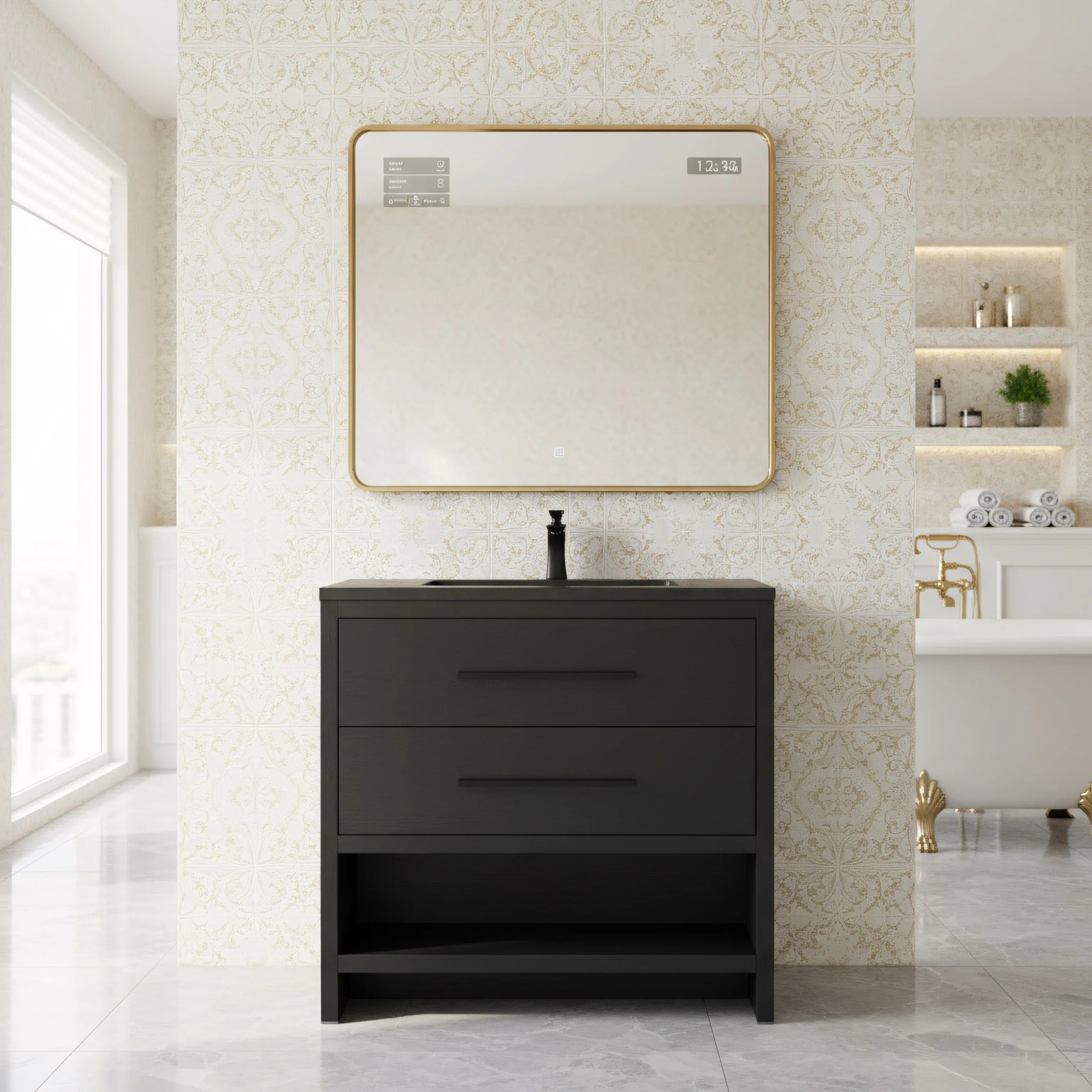 Meuble-Lavabo Autoportant 36po Chêne Brut Noir avec Comptoir de Quartz d'ingénierie Noir