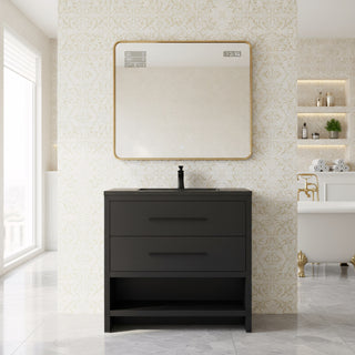 36" Black Rough Oak Freestanding Bathroom Vanity with Black Engineered Quartz Countertop