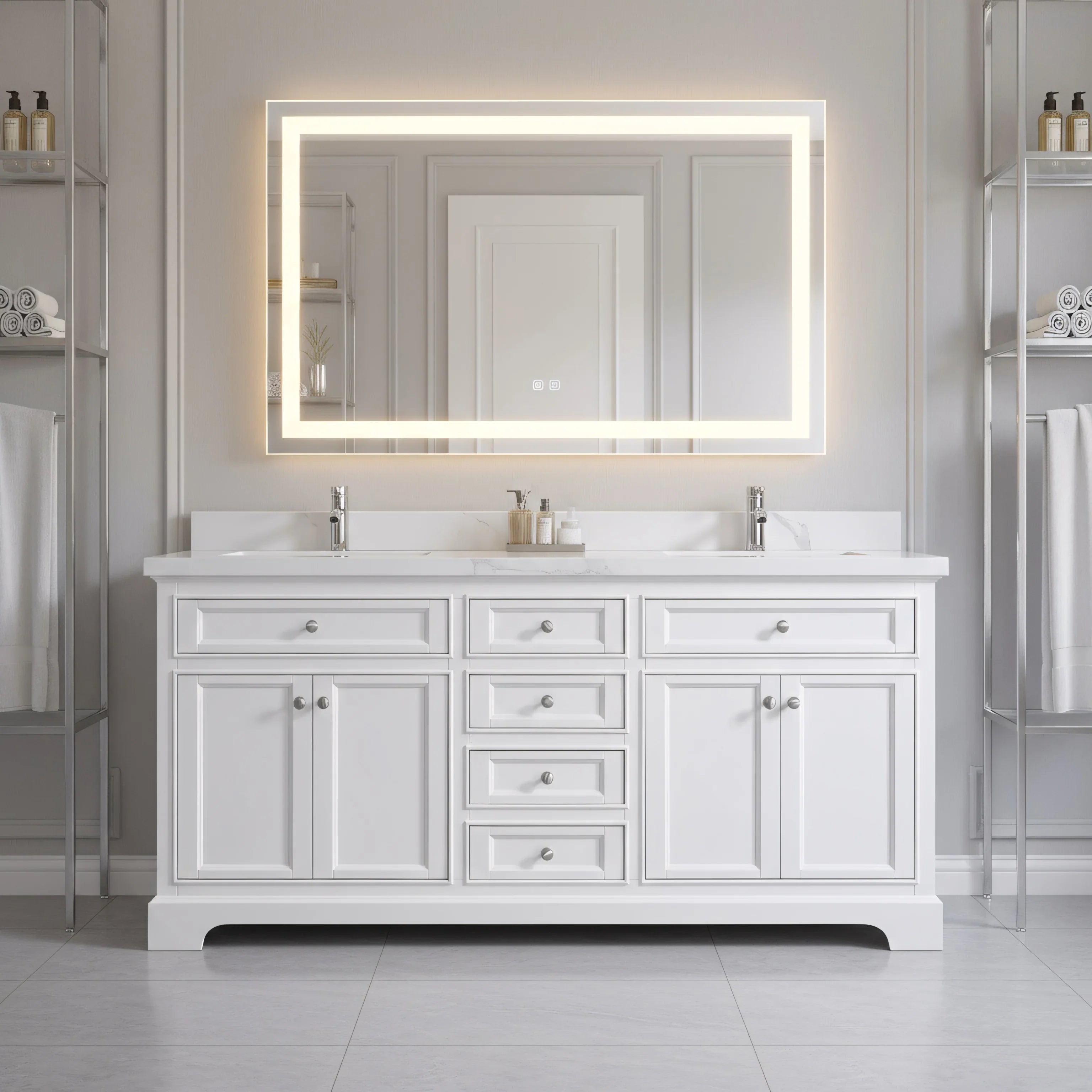 Meuble-Lavabo Autoportant 72po Blanc avec Comptoir de Marbre Ingénierie Calcutta