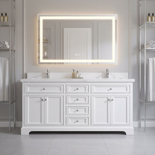 72" White Freestanding Double Sink Bathroom Vanity with Engineered Calcutta Marble Countertop
