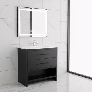 36" Black Rough Oak Freestanding Bathroom Vanity with White Polymarble Countertop