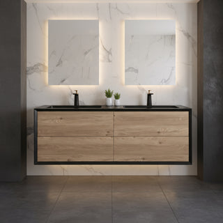 60" Black & Rough Oak Wall Mount Double Sink Bathroom Vanity with Black Engineered Quartz Countertop