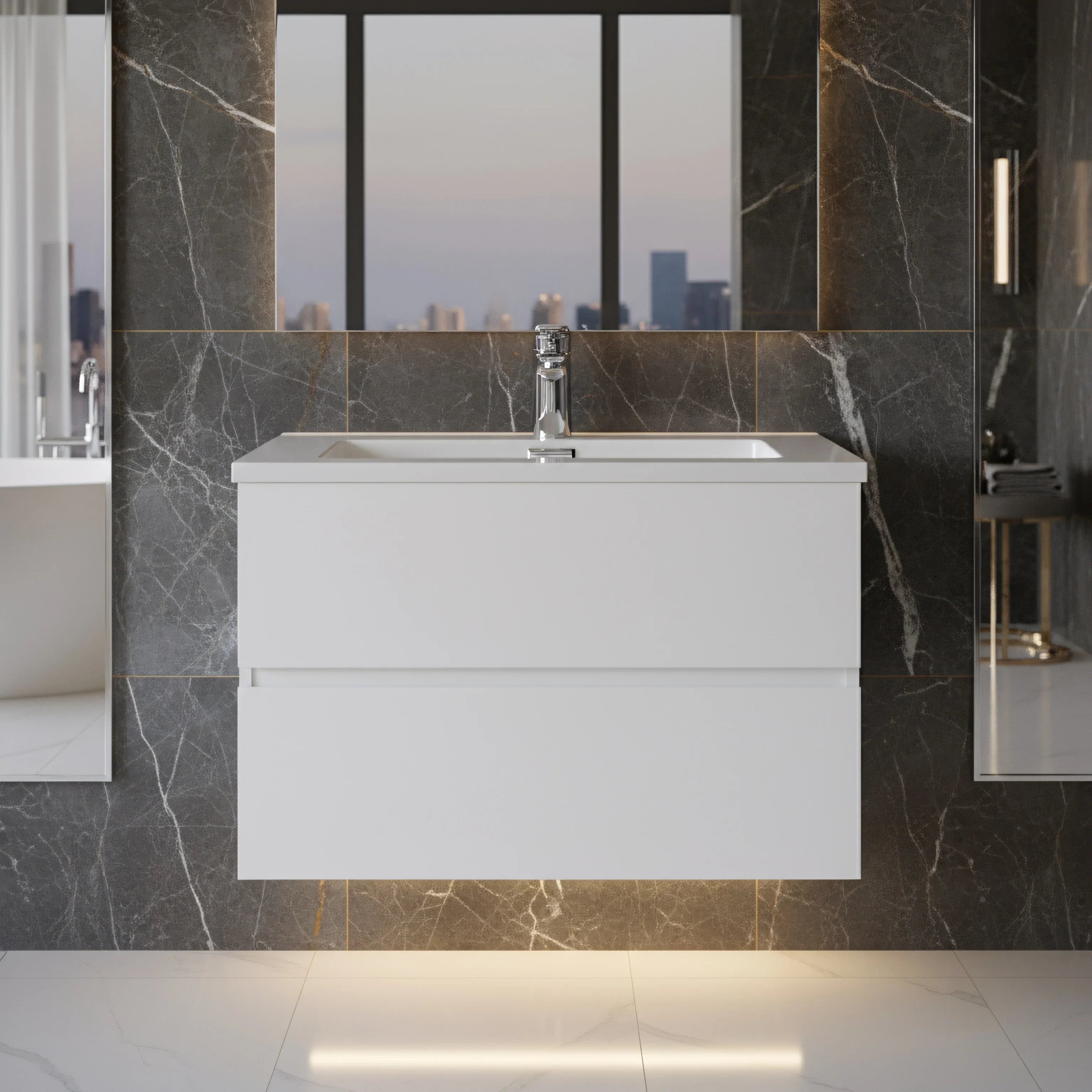 30" White Wall Mount Bathroom Vanity with White Polymarble Countertop