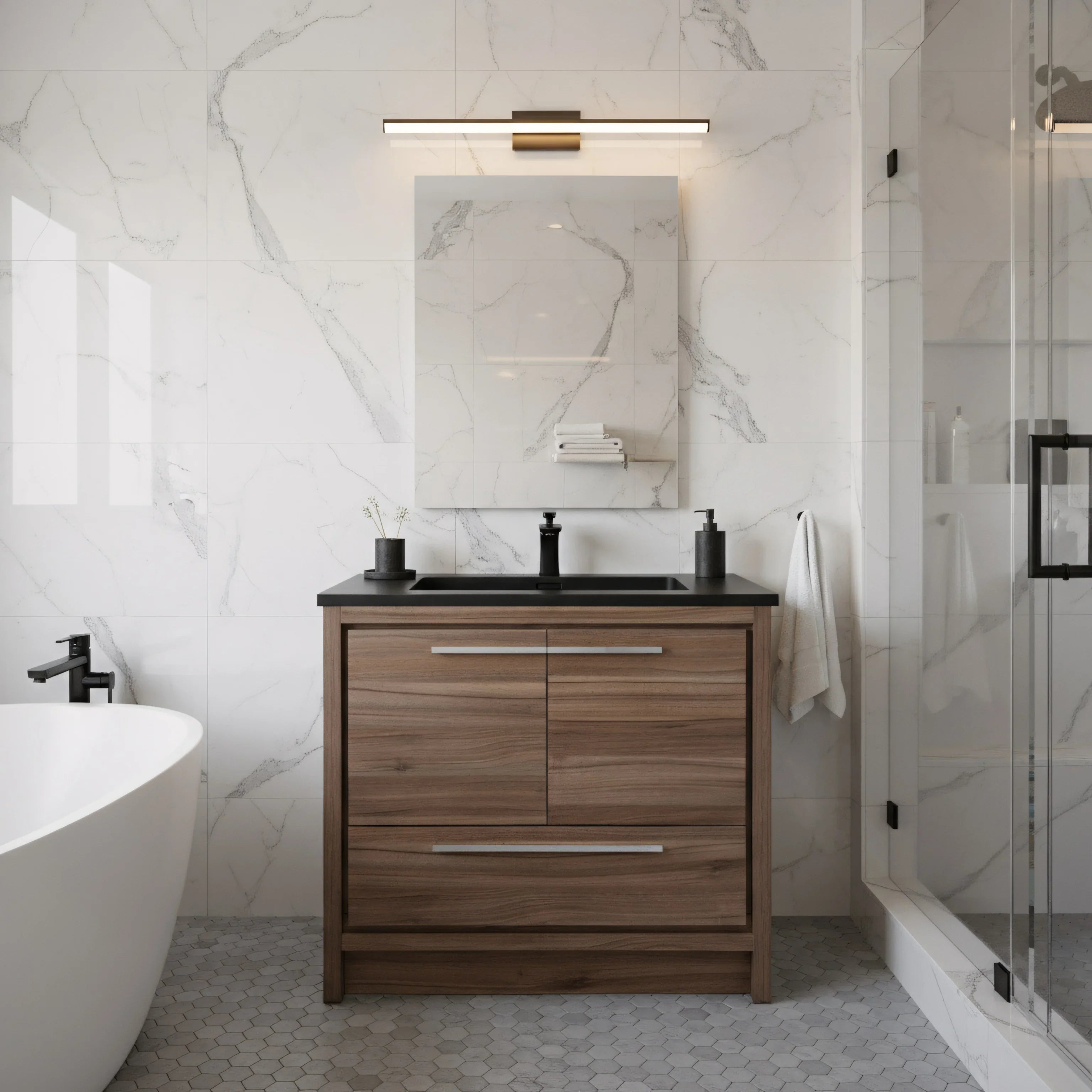 36" Walnut Freestanding Bathroom Vanity with Black Engineered Quartz Countertop