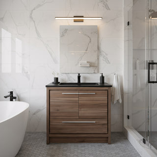 36" Walnut Freestanding Bathroom Vanity with Black Engineered Quartz Countertop