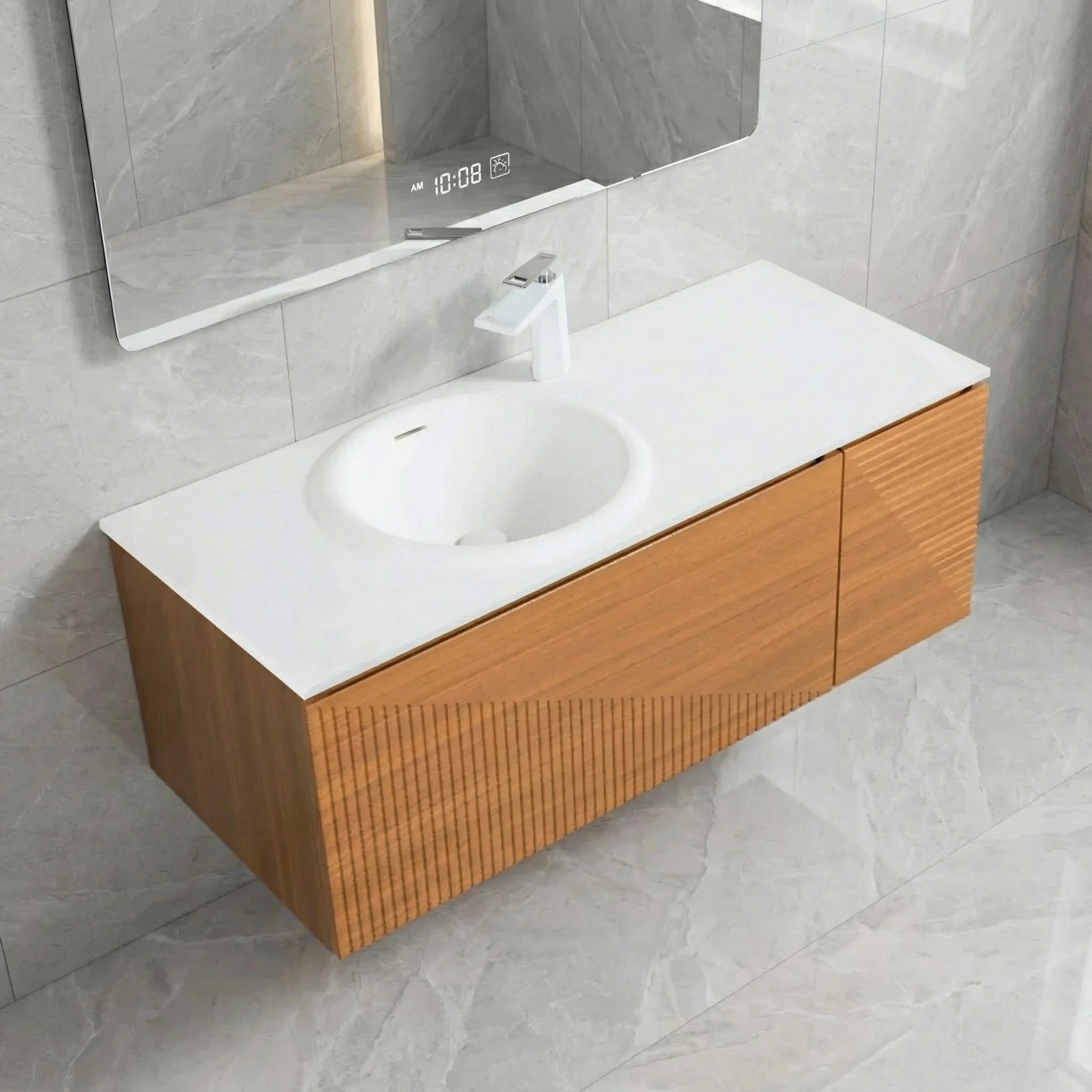 48" Light Oak Wall Mount Bathroom with White Solid Surface Countertop