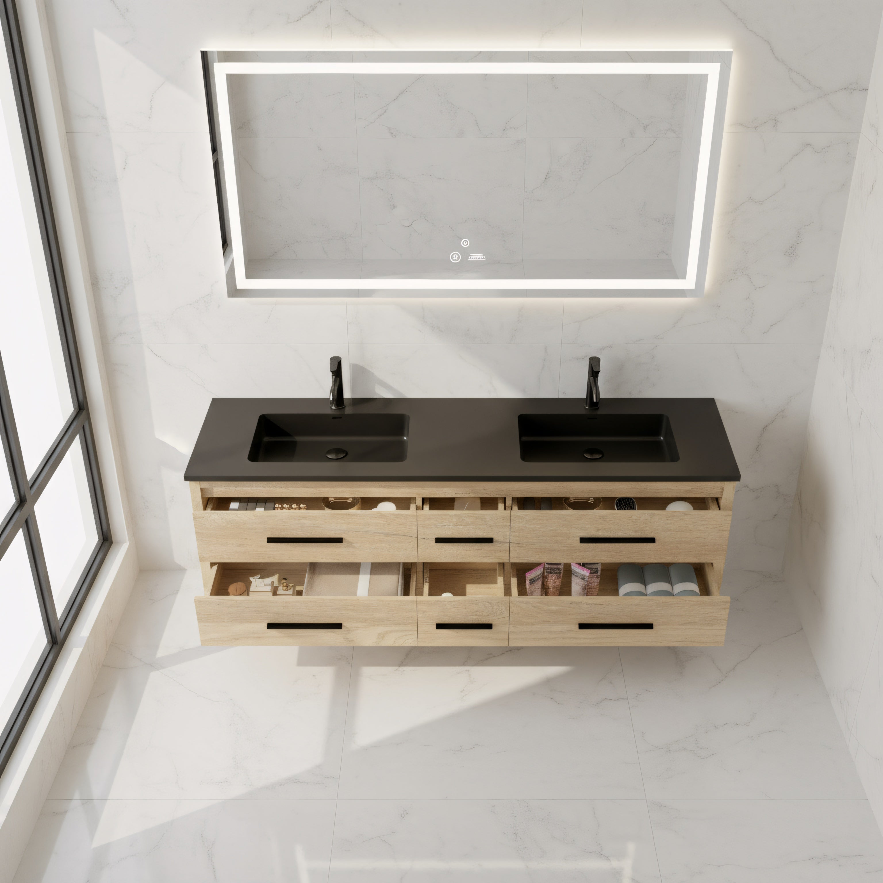 Meuble-Lavabo Autoportant 72po Chêne Brut avec Comptoir de Quartz d'ingénierie Noir