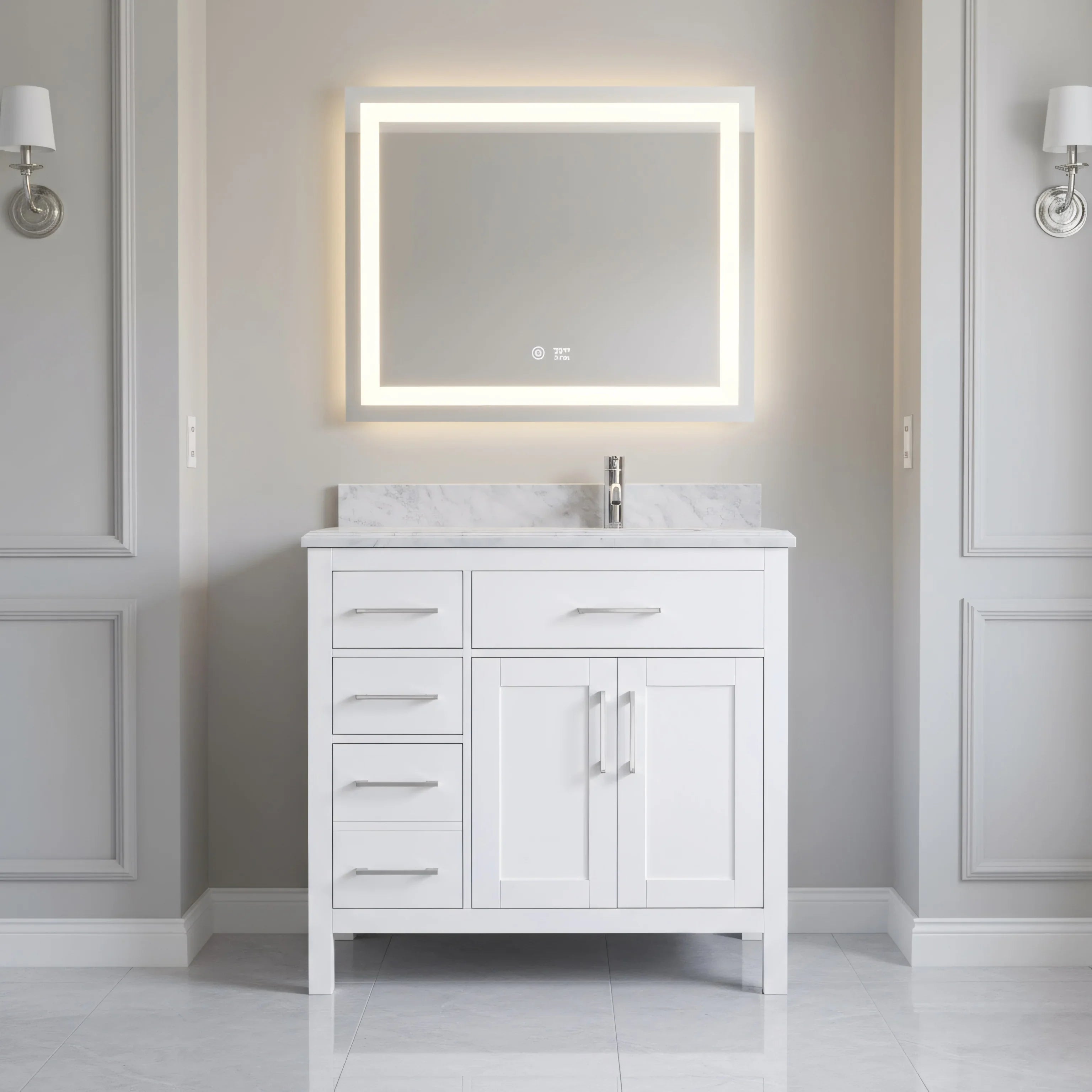 36" White Freestanding Single Sink Bathroom Vanity with Carrera Marble Countertop