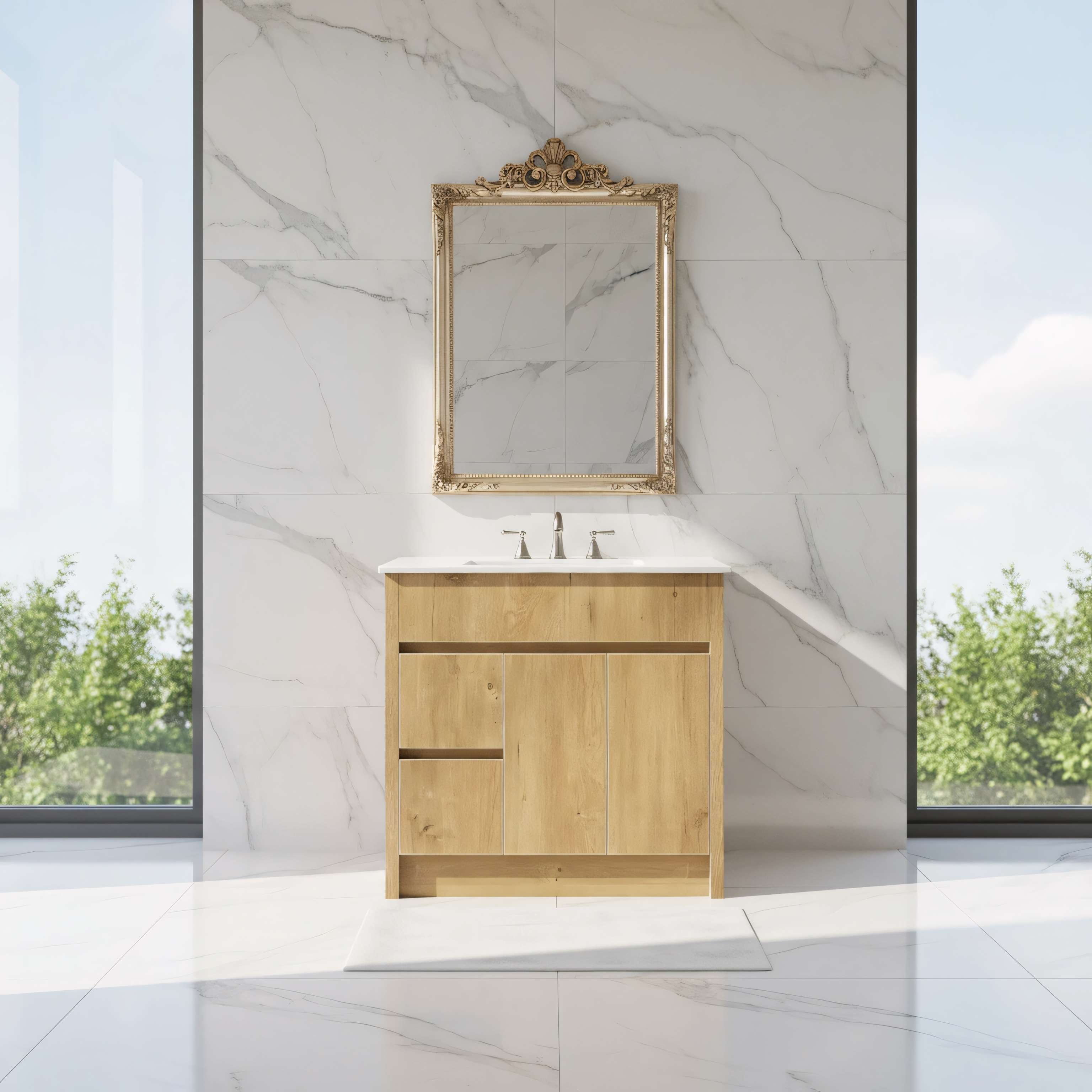 Meuble-Lavabo Autoportant 36 Chêne Givré avec Comptoir en Céramique
