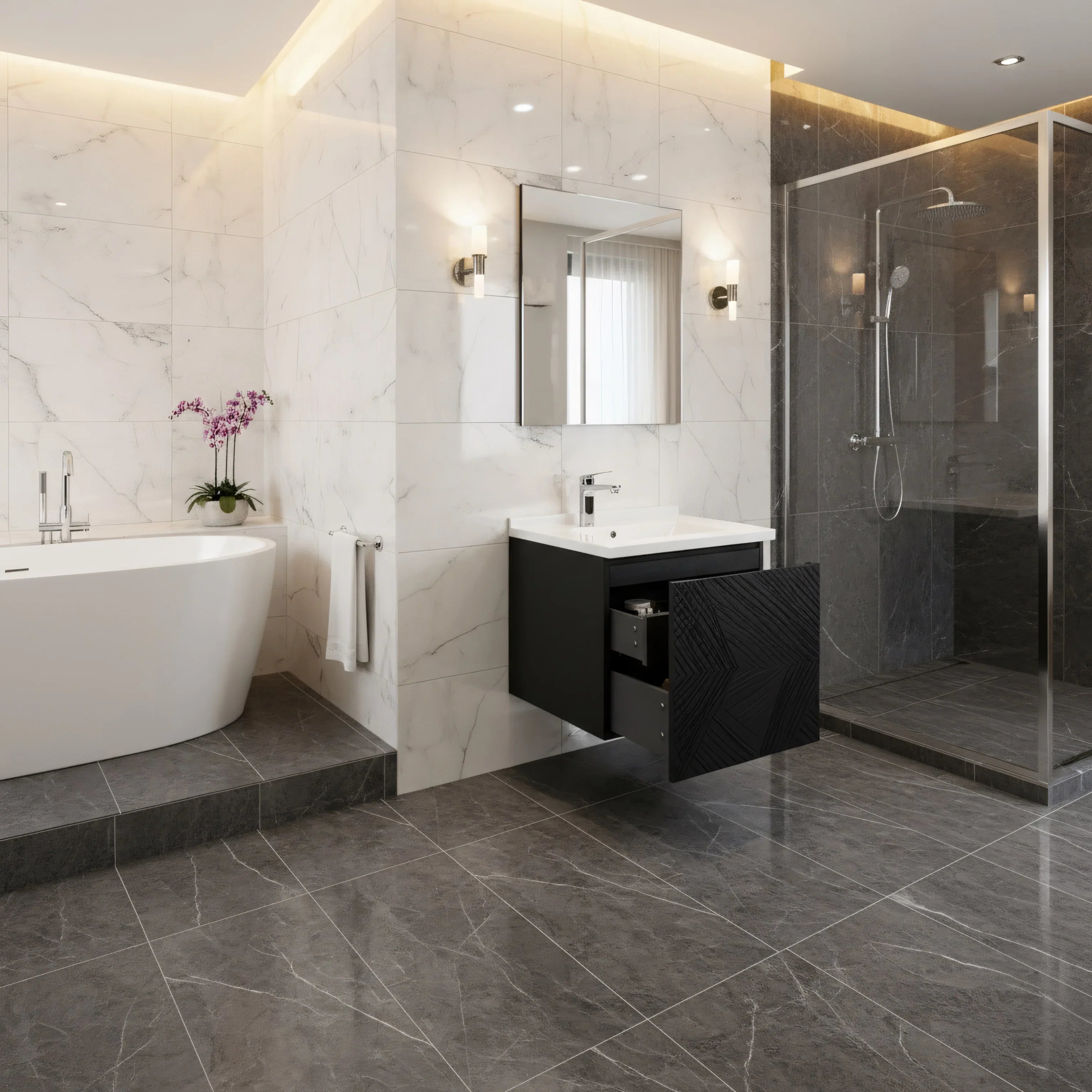 30" Black Wall Mount Bathroom Vanity with White Polymarble Countertop