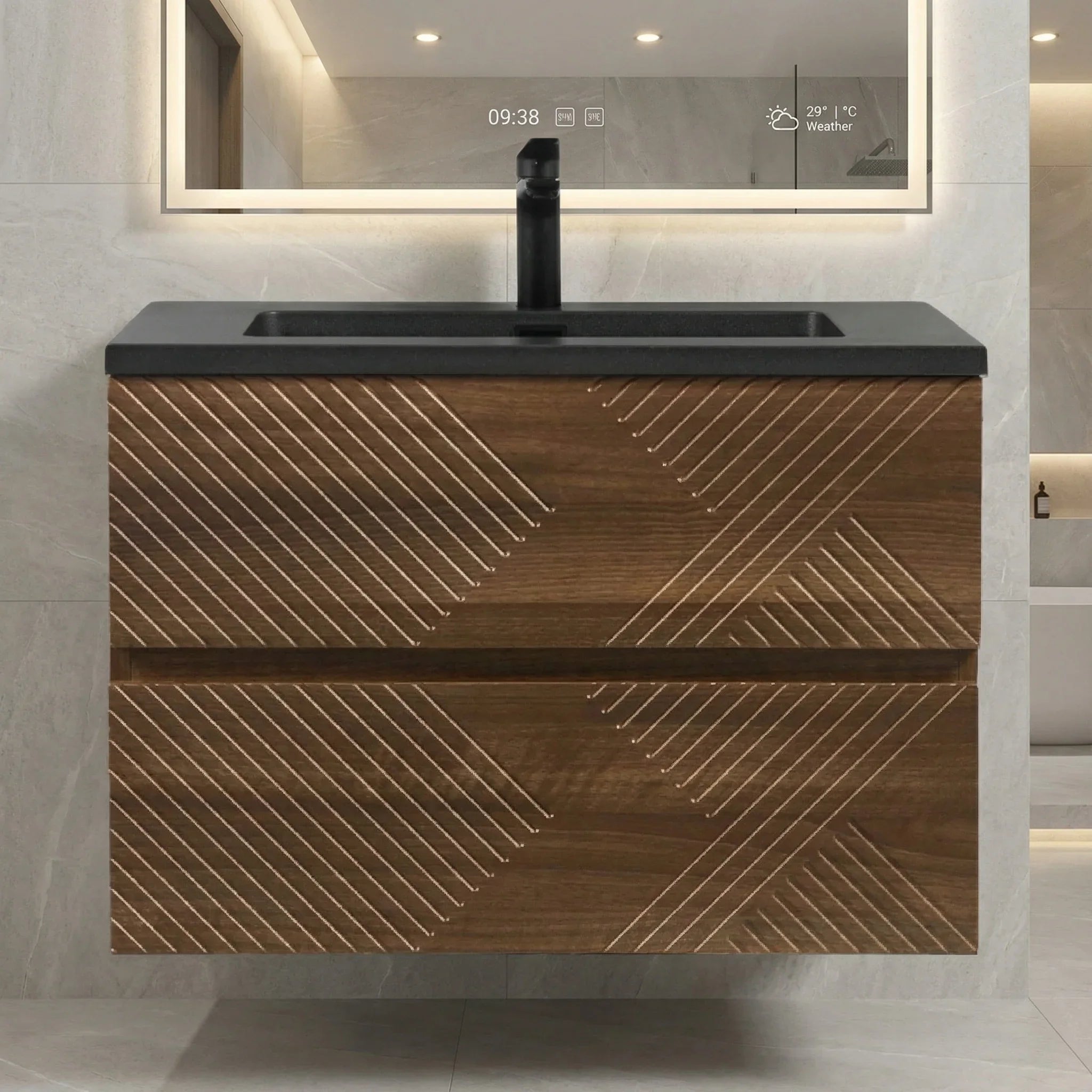30" Walnut Wall Mount Single Sink Bathroom Vanity with Black Engineered Quartz Countertop
