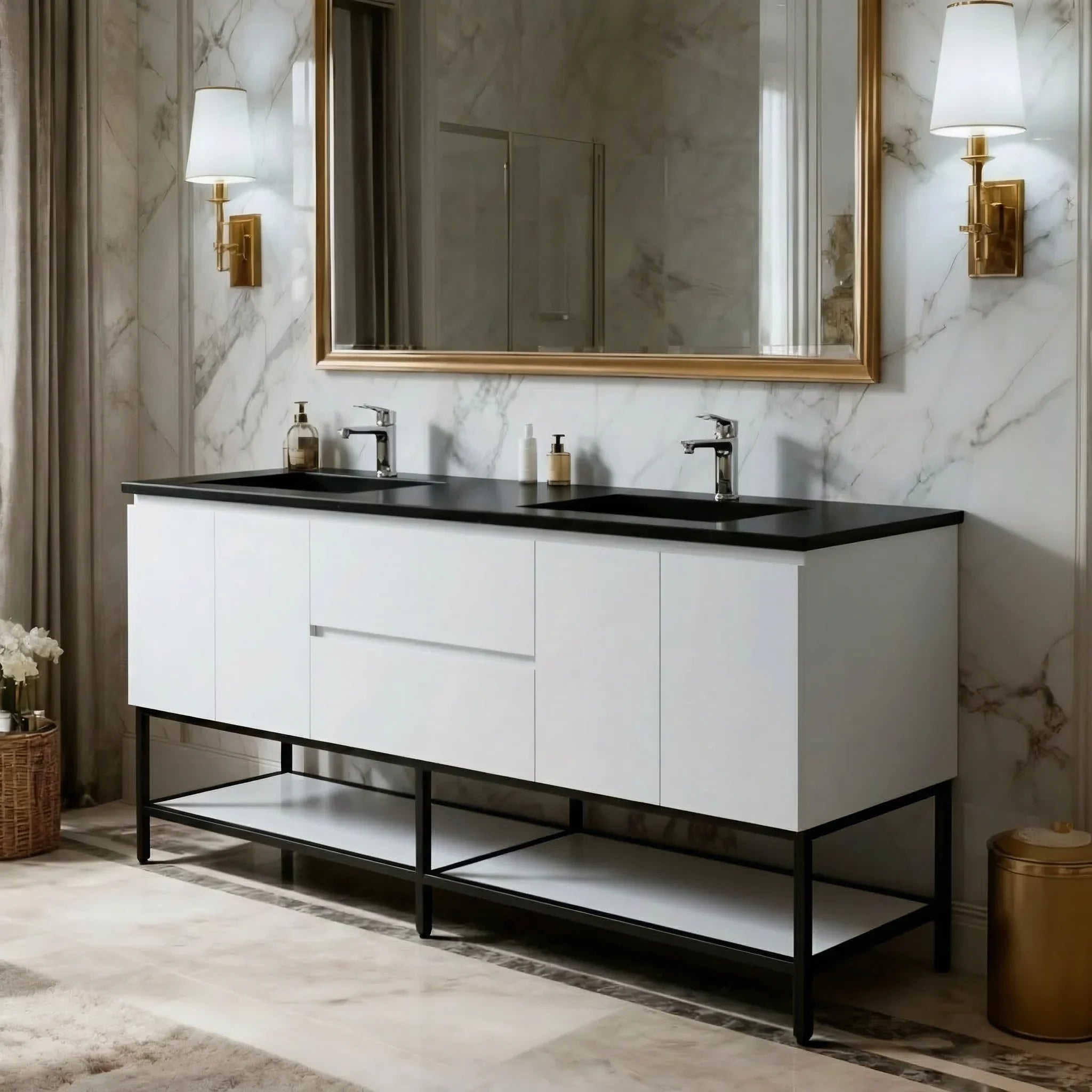 72" White Wall Mount Double Sink Bathroom Vanity with Black Engineered Quartz Countertop