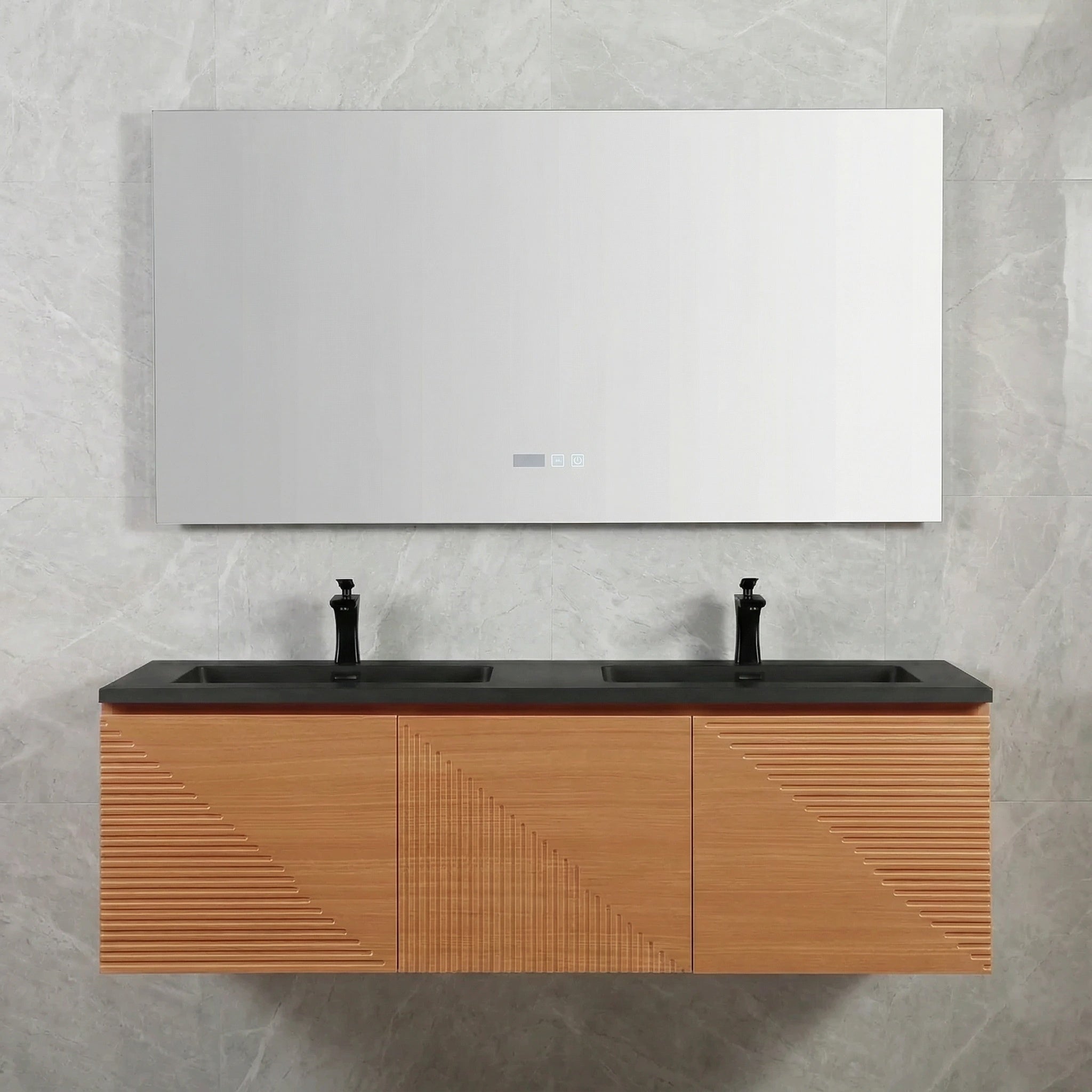 60" Light Oak Wall-Mounted Double Sink Bathroom Vanity with Black Engineered Quartz Countertop