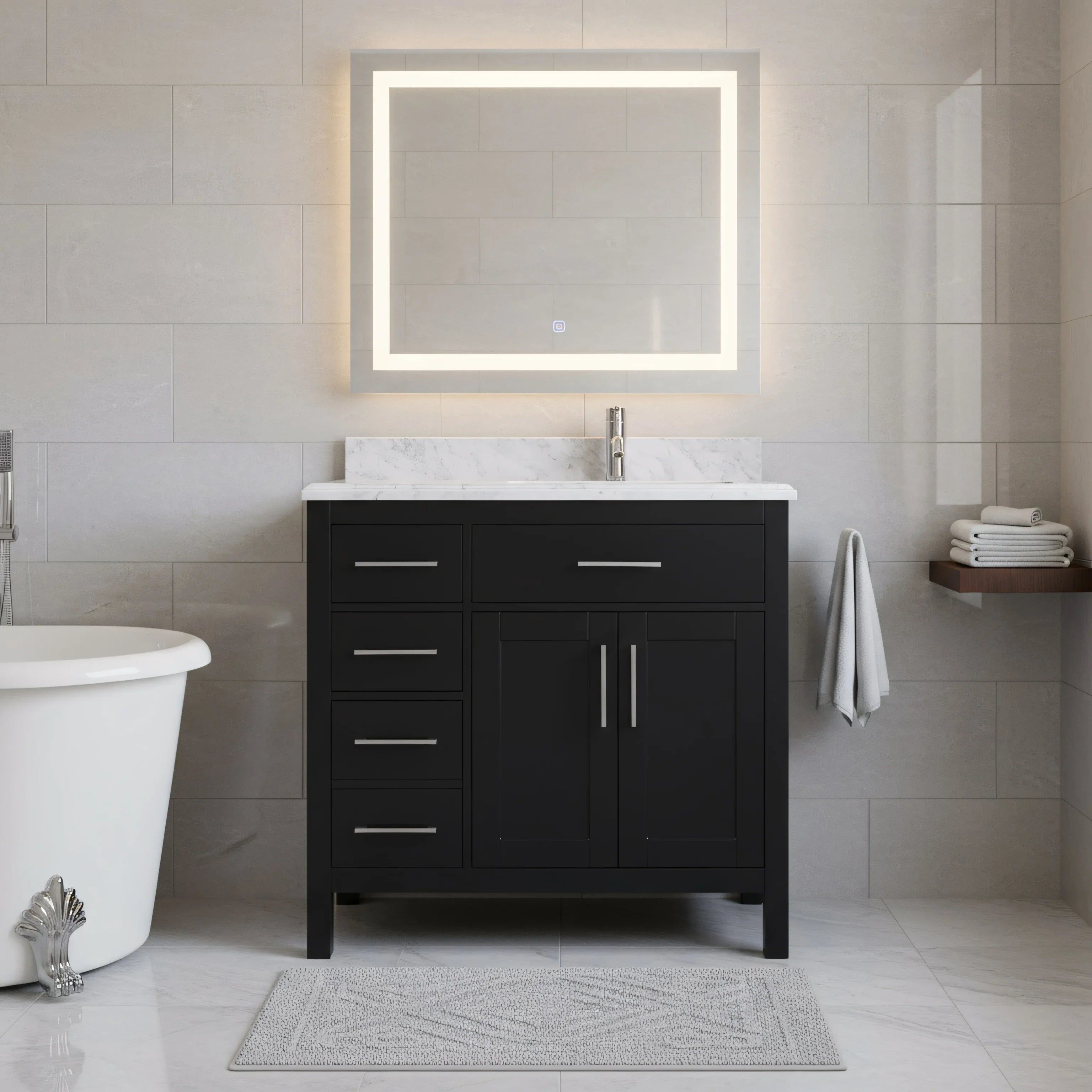 Meuble Lavabo Autoportant Noir 36po avec Comptoir en Marbre Carrera
