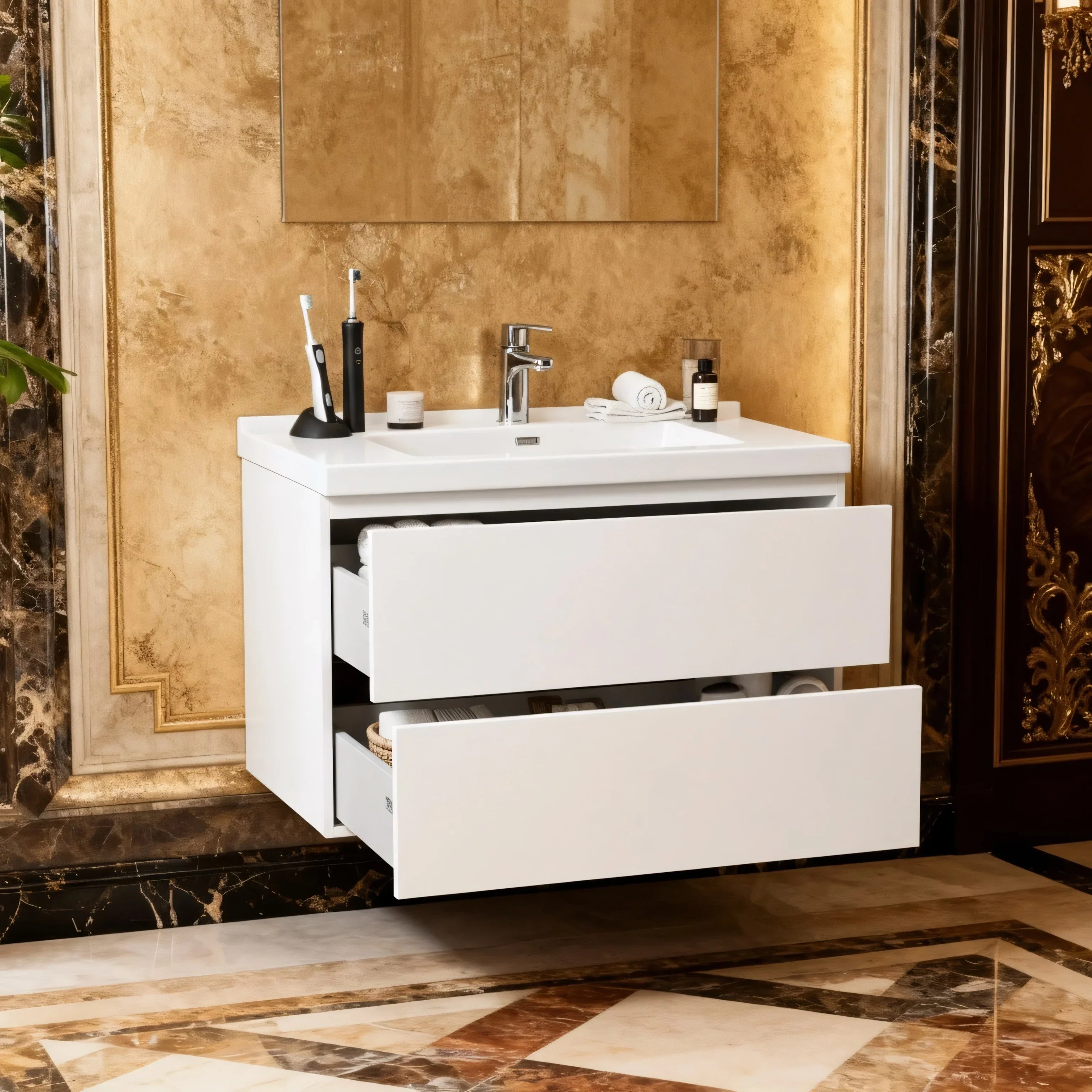 Meuble-Lavabo Mural 30po Blanc Brillant avec Comptoir de Polymarbre Blanc 