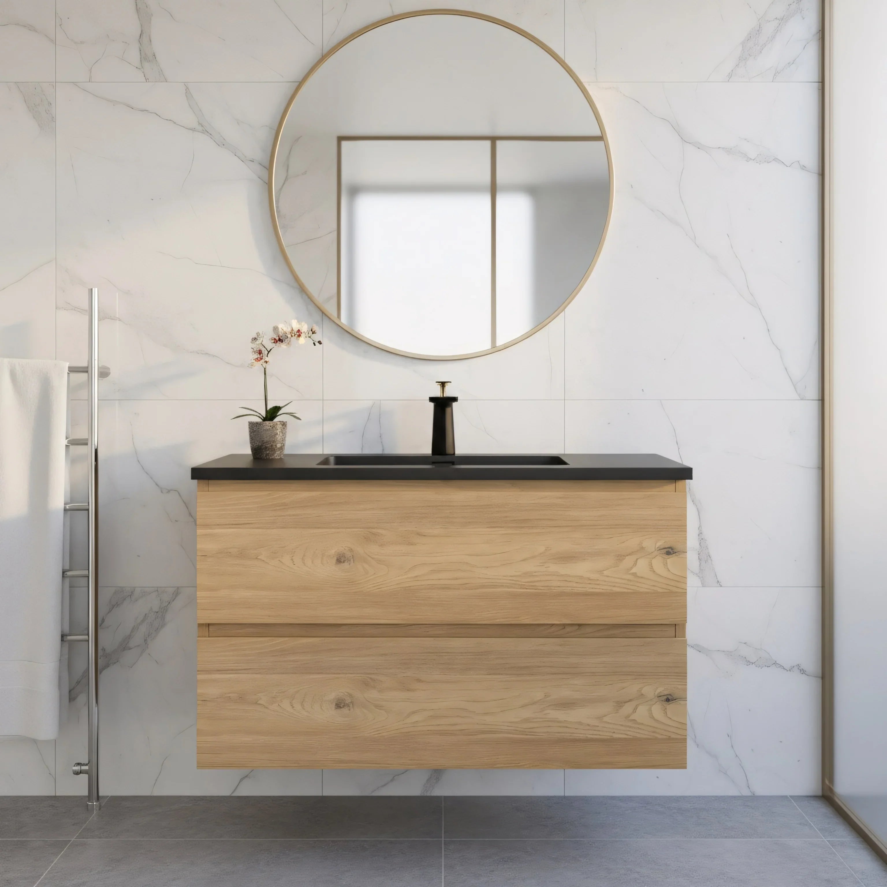 Meuble-Lavabo Mural 36po Chêne Brut avec Comptoir de Quartz d'ingénierie Noir