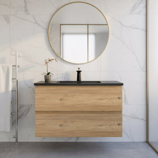 Meuble-Lavabo Mural 36po Chêne Brut avec Comptoir de Quartz d'ingénierie Noir