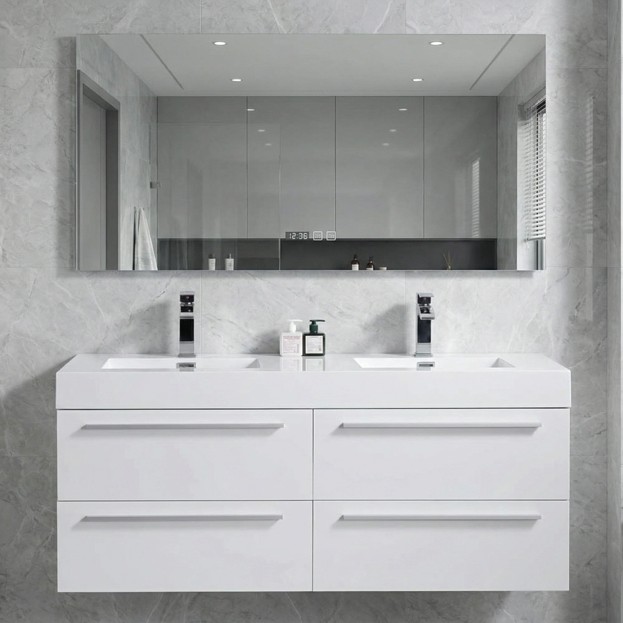 Meuble-Lavabo Mural Blanc de 60 po avec Comptoir en Polymarbre Blanc