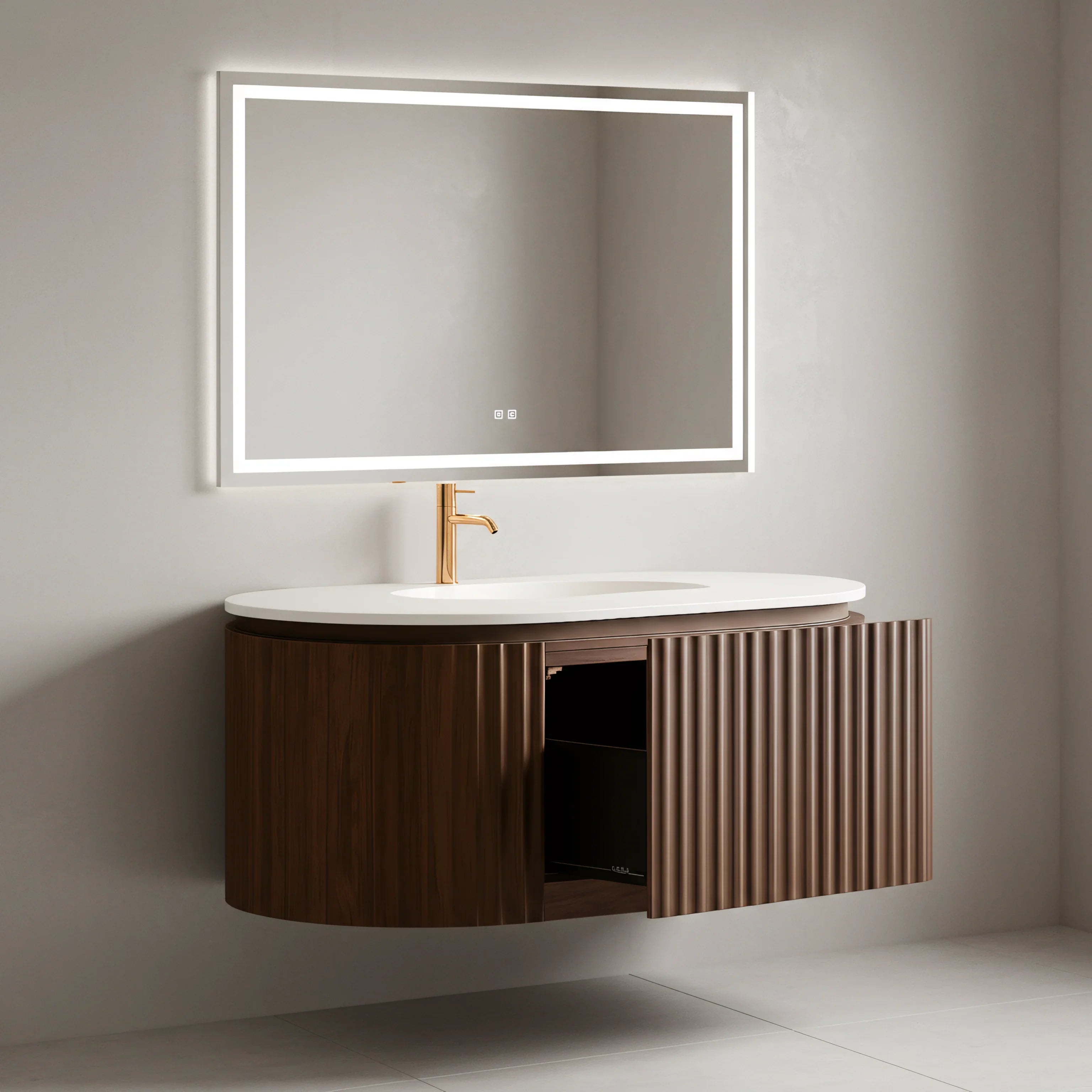 Meuble-lavabo 48 po en noyer courbé et cannelé - Comptoir blanc mat