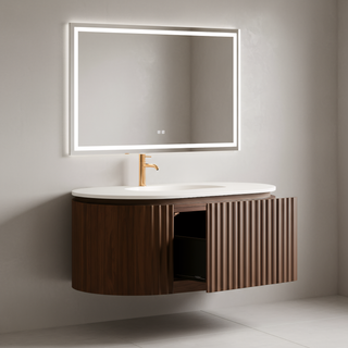 Meuble-lavabo Andorra 48 po en noyer courbé et cannelé - Comptoir blanc mat