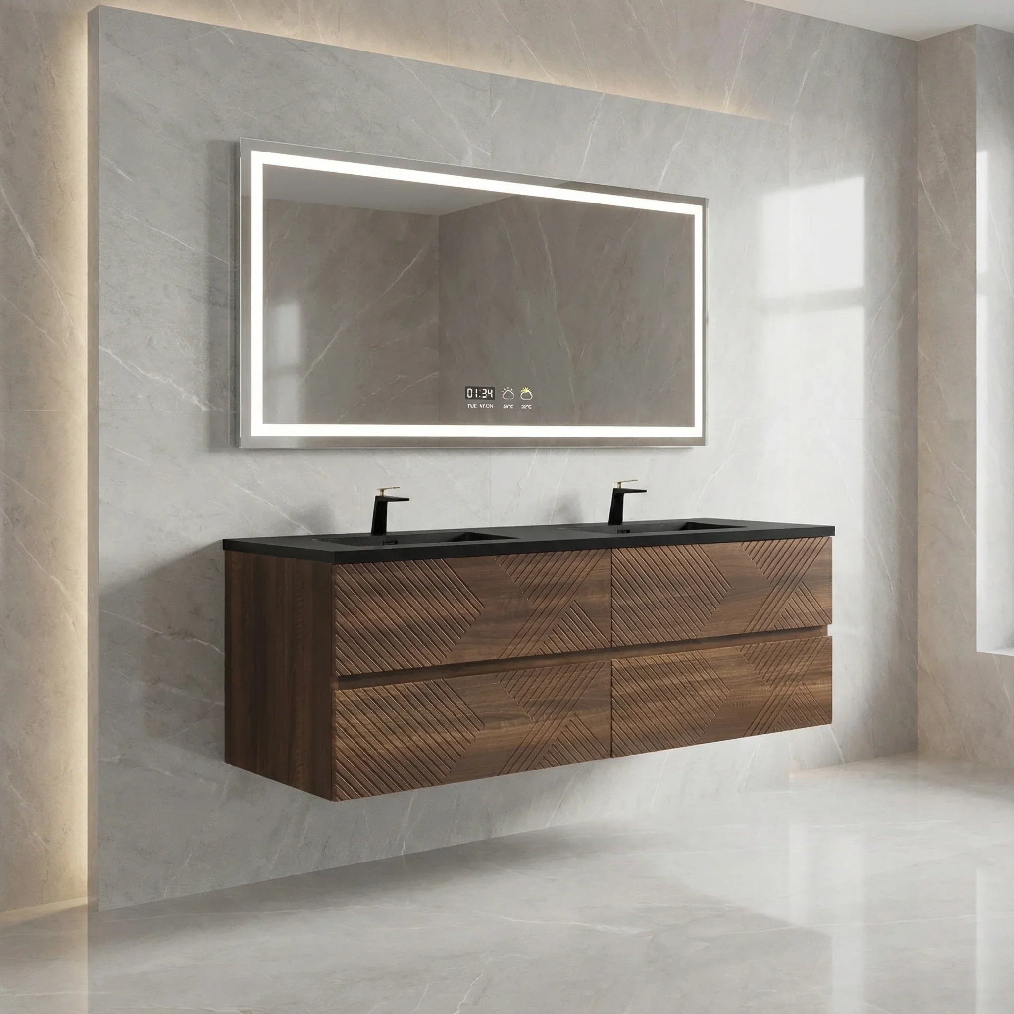 60" Walnut Wall Mount Double Sink Bathroom Vanity with Black Engineered Quartz Countertop