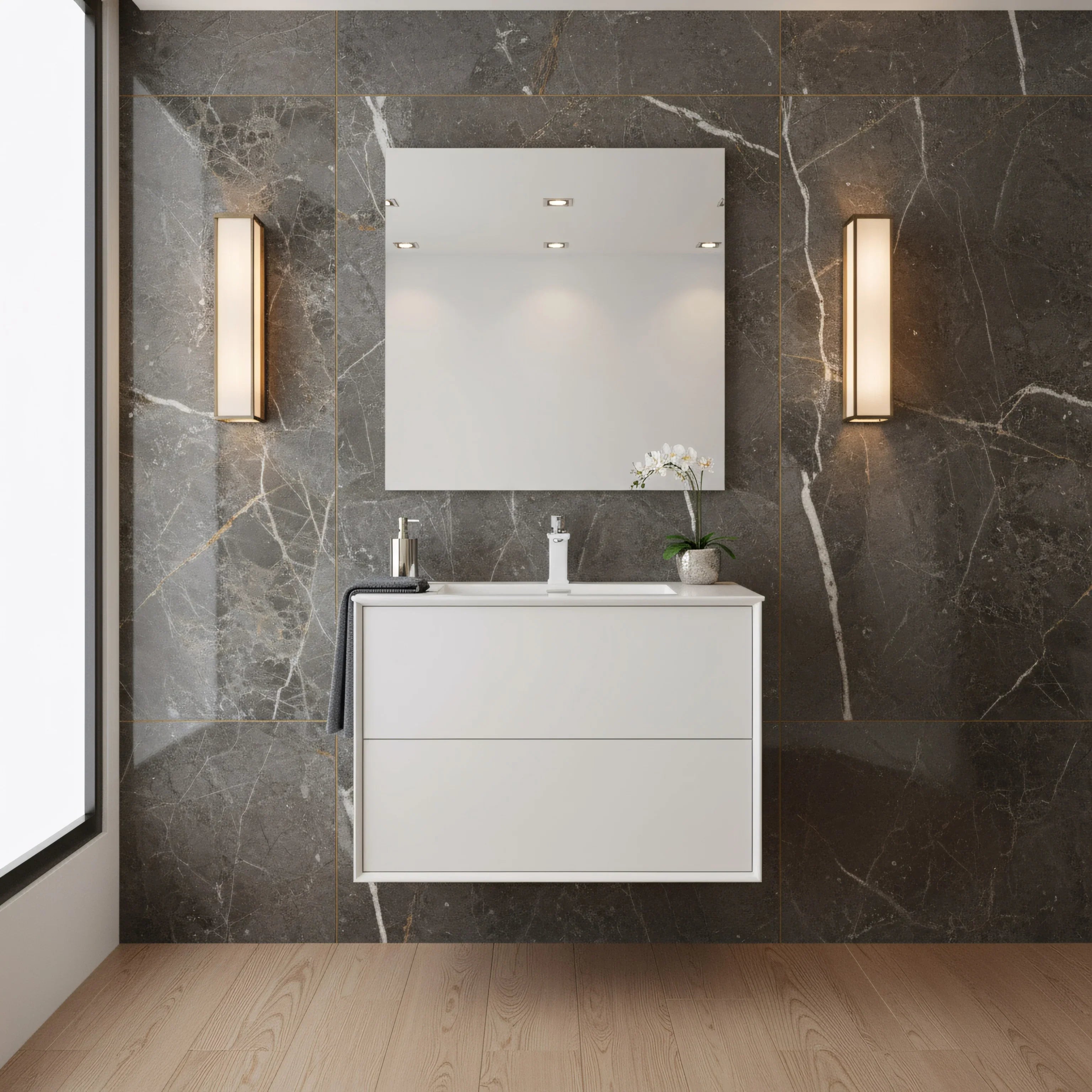 30" White Wall Mount Vanity with White Polymarble Countertop