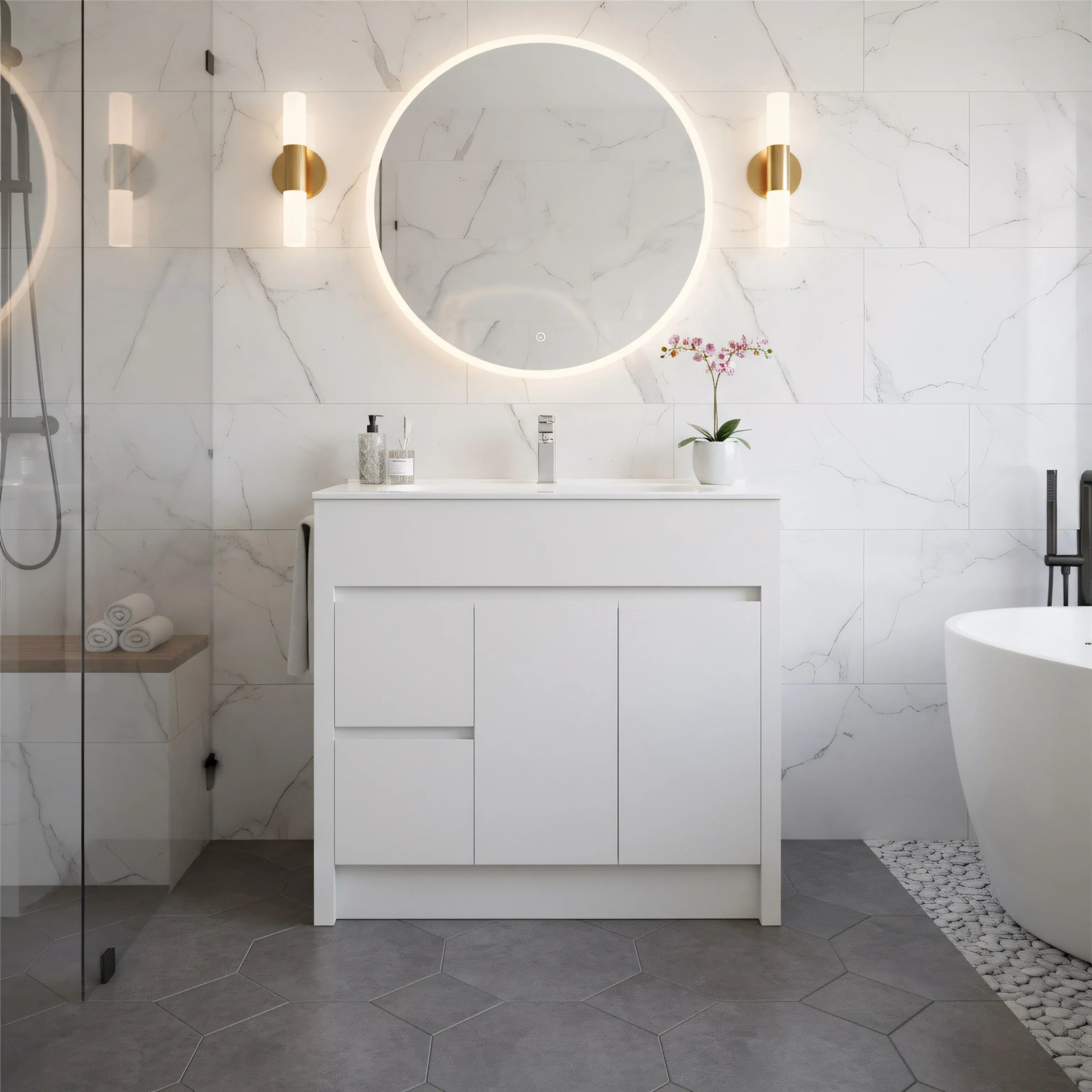 Meuble-Lavabo Autoportant 36po Blanc Mat avec Comptoir de Céramique Blanc