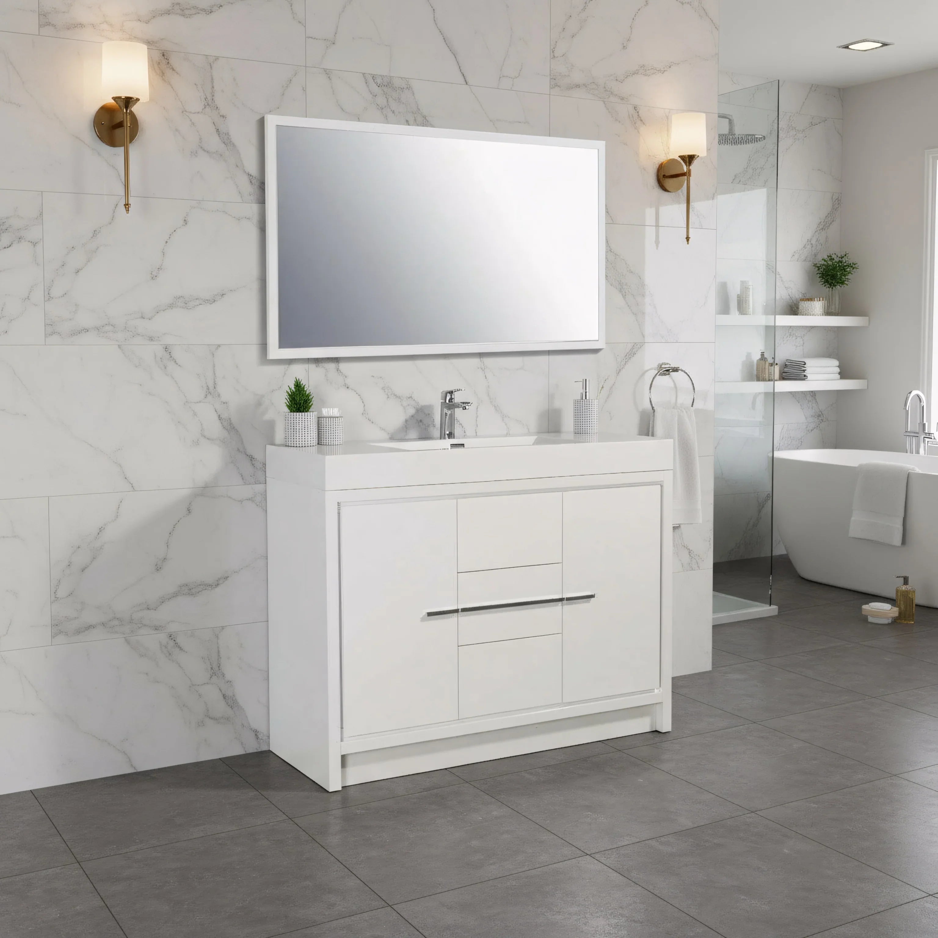 48" Glossy White Freestanding Single Sink Bathroom Vanity with White Polymarble Countertop