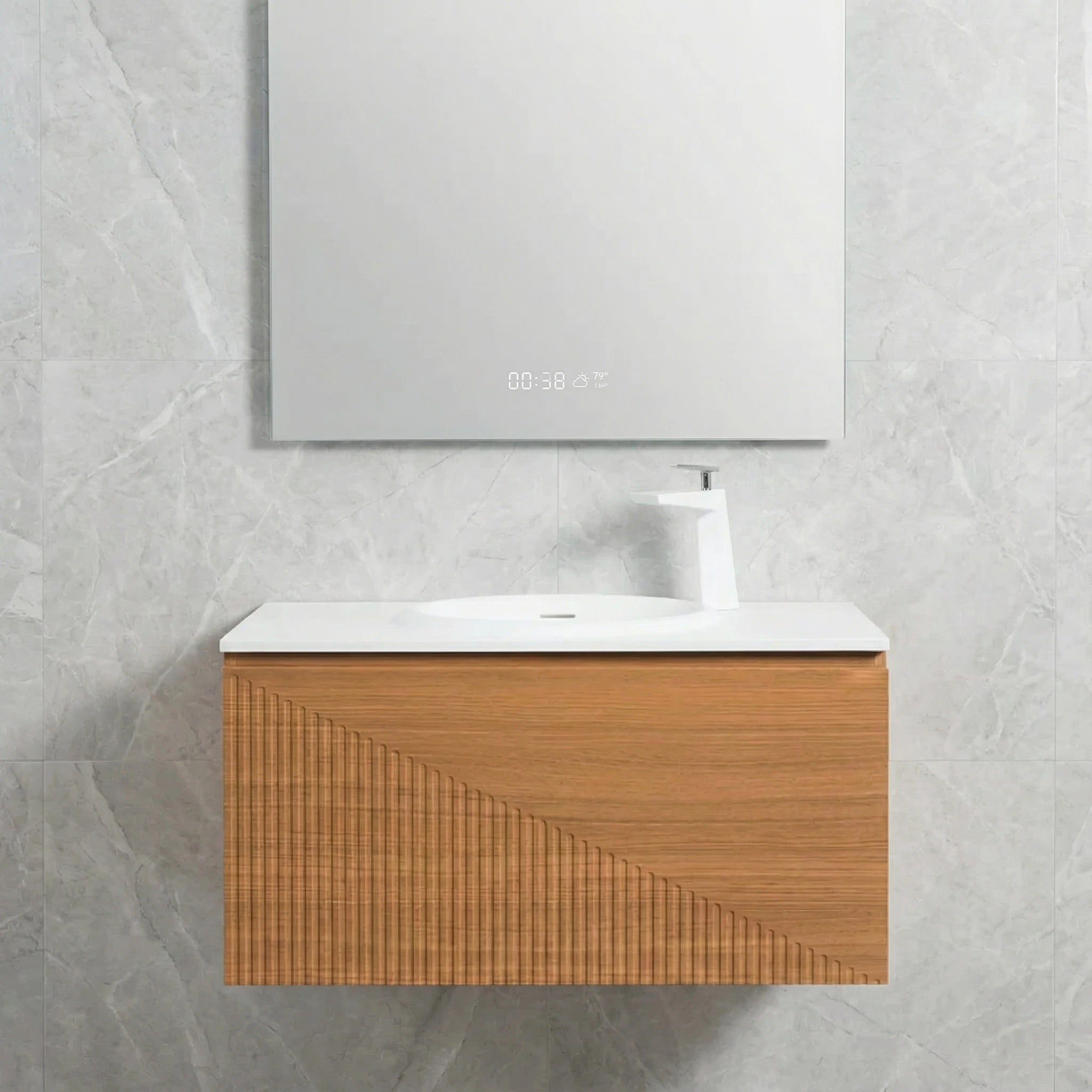 36" Light Oak Wall Mount Bathroom Vanity with White Solid Surface Countertop