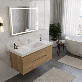 48" Rough Oak Wall Mount Single Sink Bathroom Vanity with White Polymarble Countertop