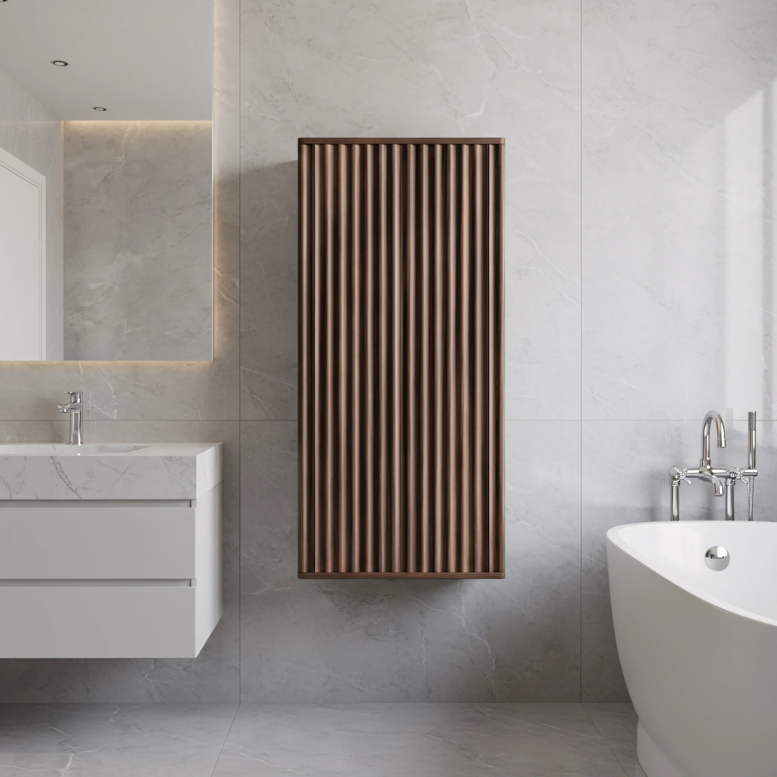 Meuble d'appoint Andorra en noyer, 1 porte avec étagères - Rangement de salle de bain