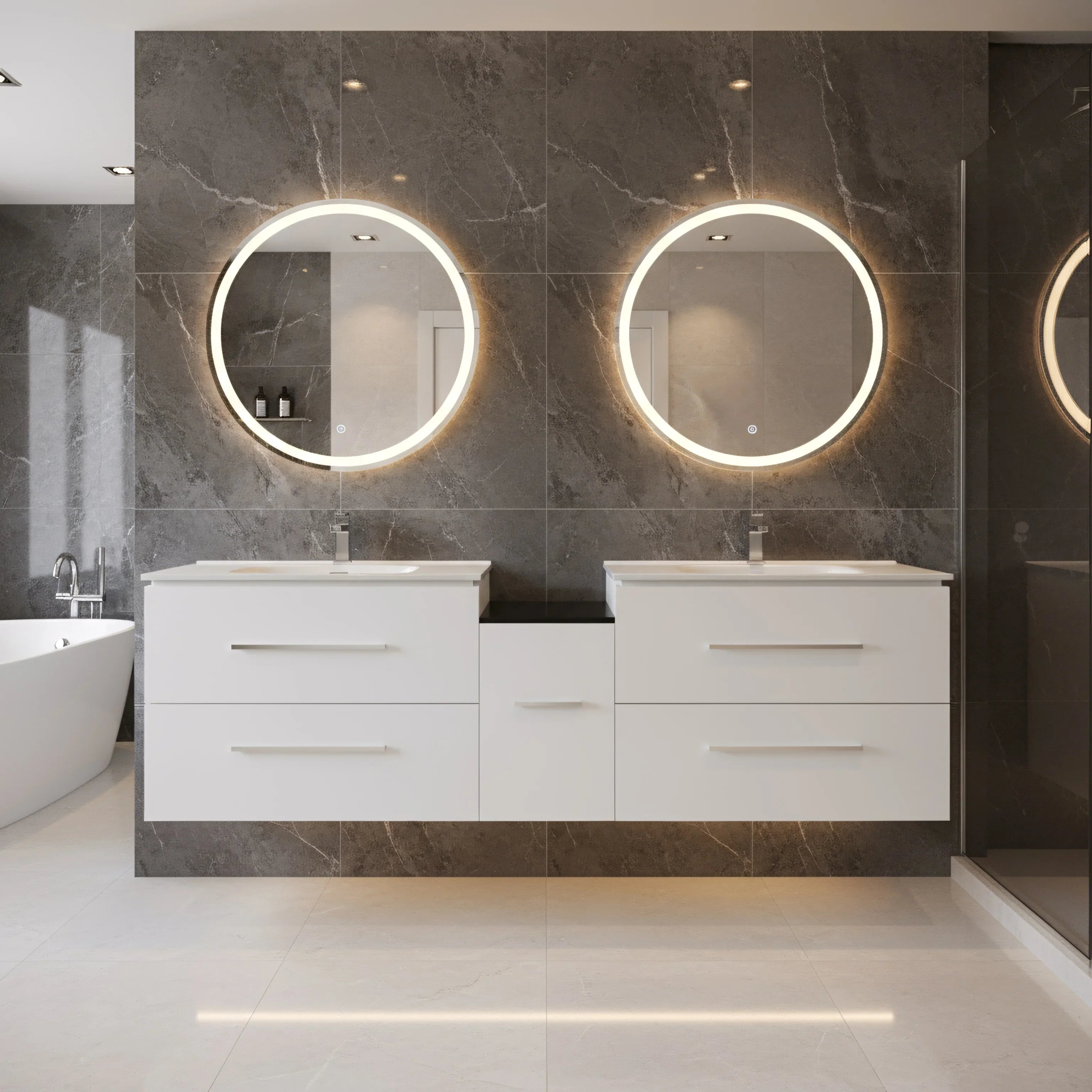 60" Matte White Wall Mount Double Sink Bathroom Vanity with White Ceramic Countertop