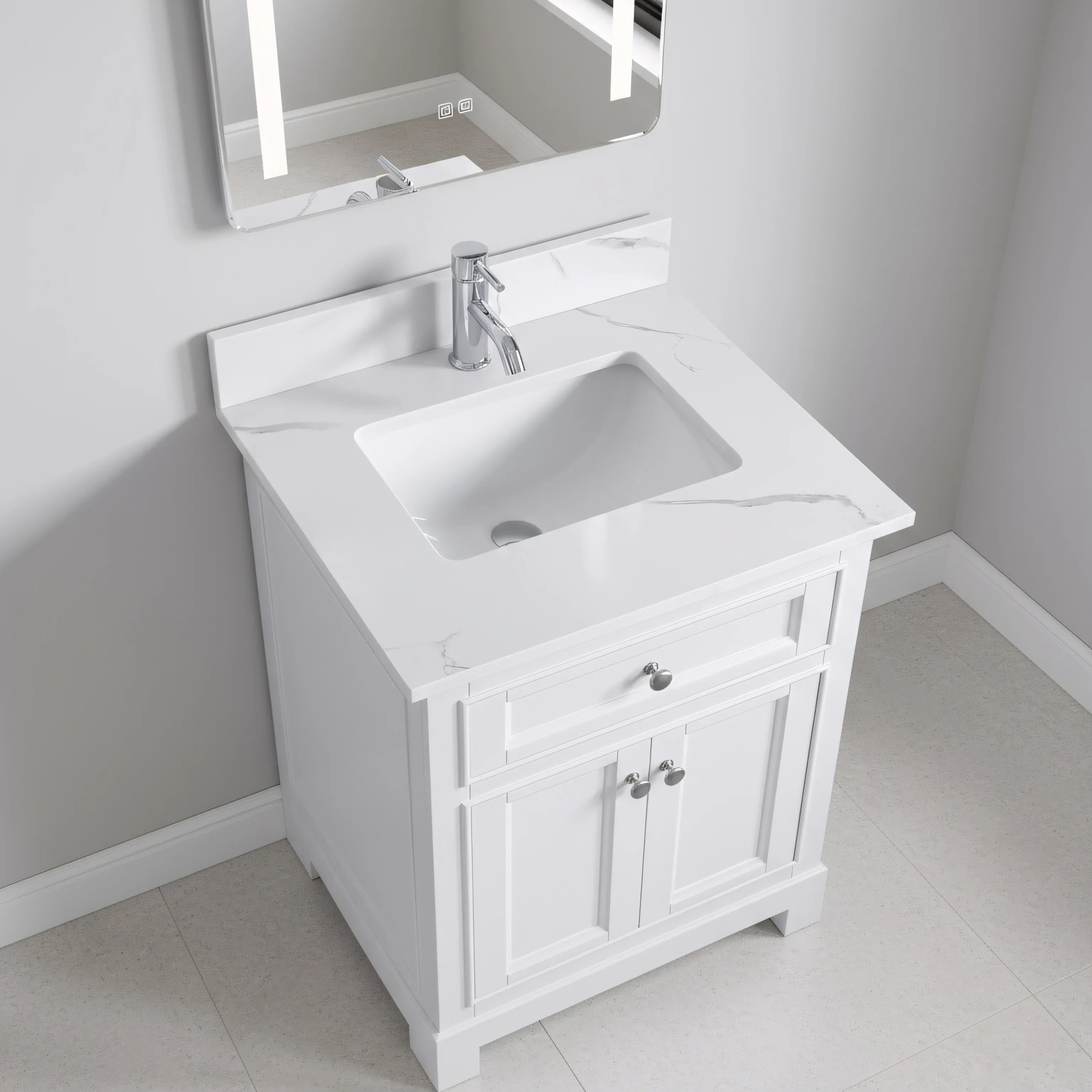 Meuble-Lavabo Autoportant 24po Blanc avec Comptoir de Marbre Ingénierie Calcutta