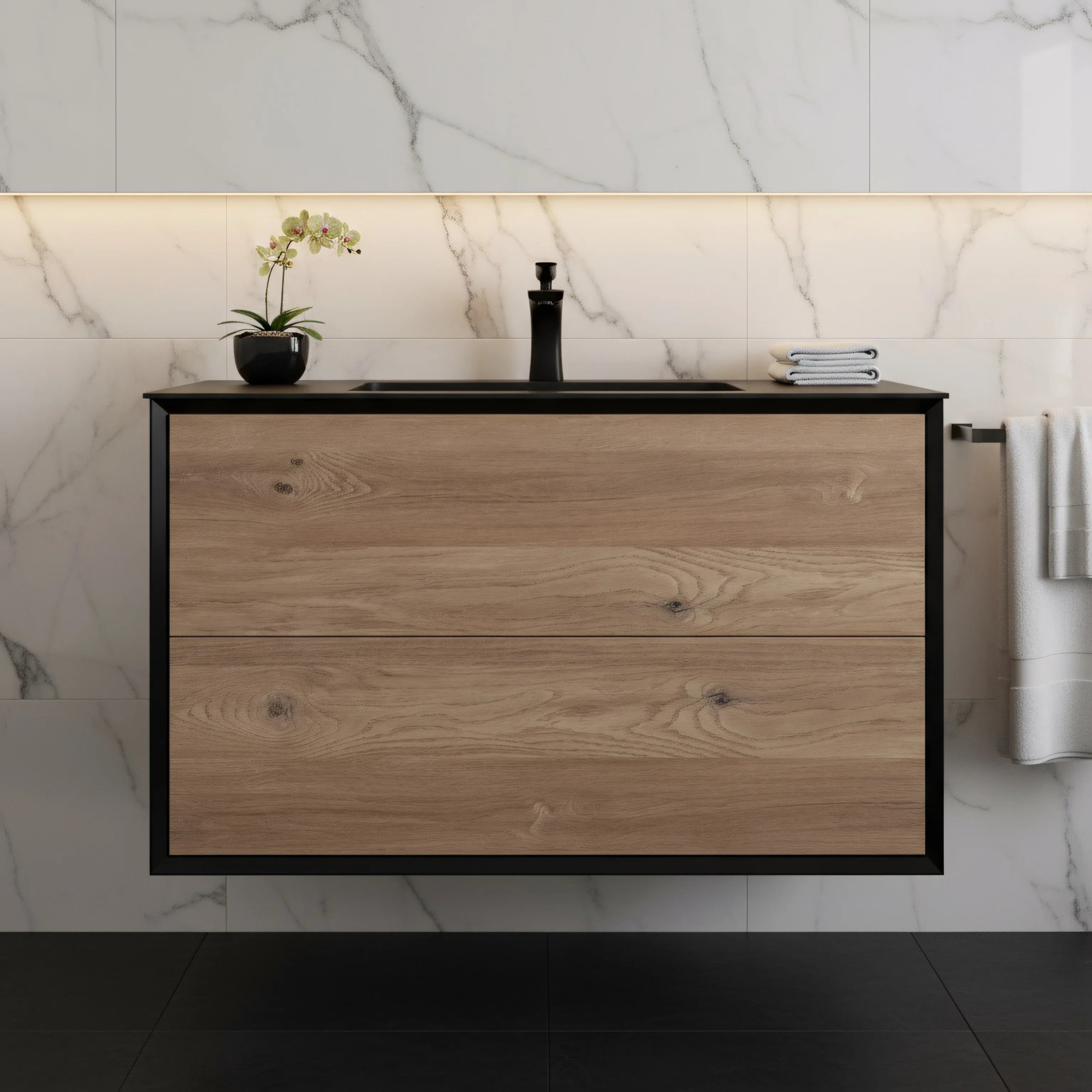 36" Black & Rough Oak Wall Mount Bathroom Vanity with Black Engineered Quartz Countertop Fleur