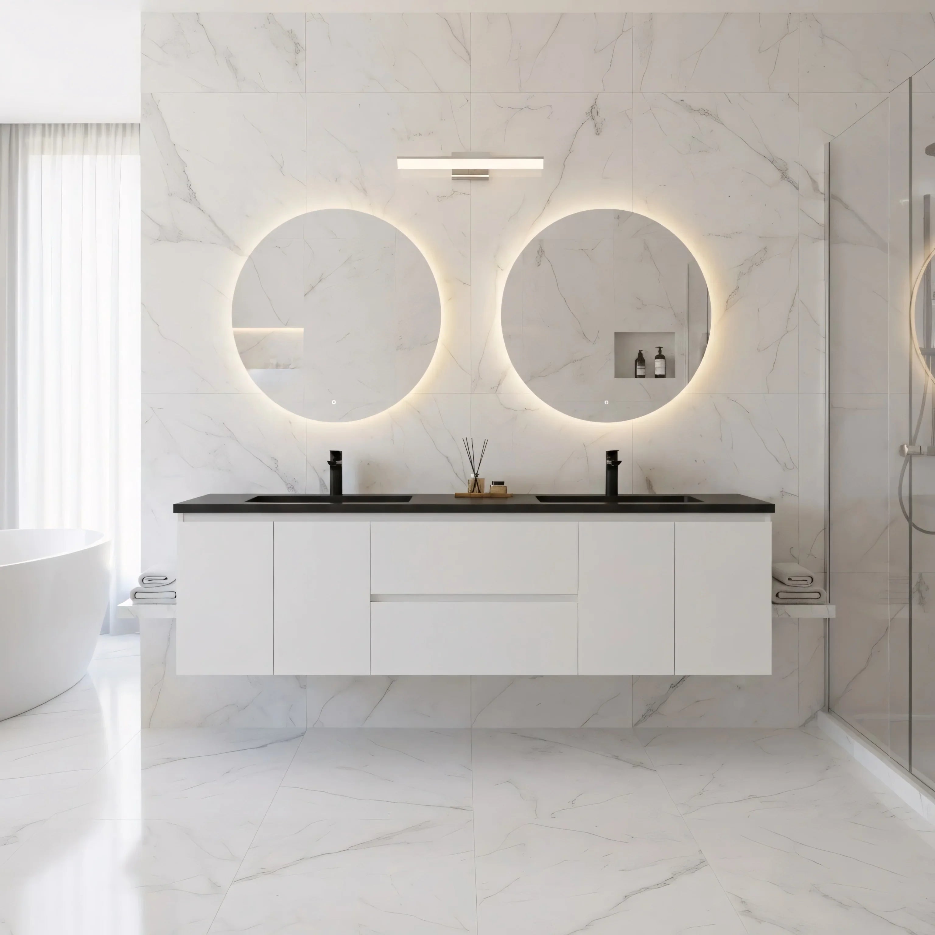 Meuble-Lavabo Mural 72po Blanc avec Comptoir de Quartz d'ingénierie Noir