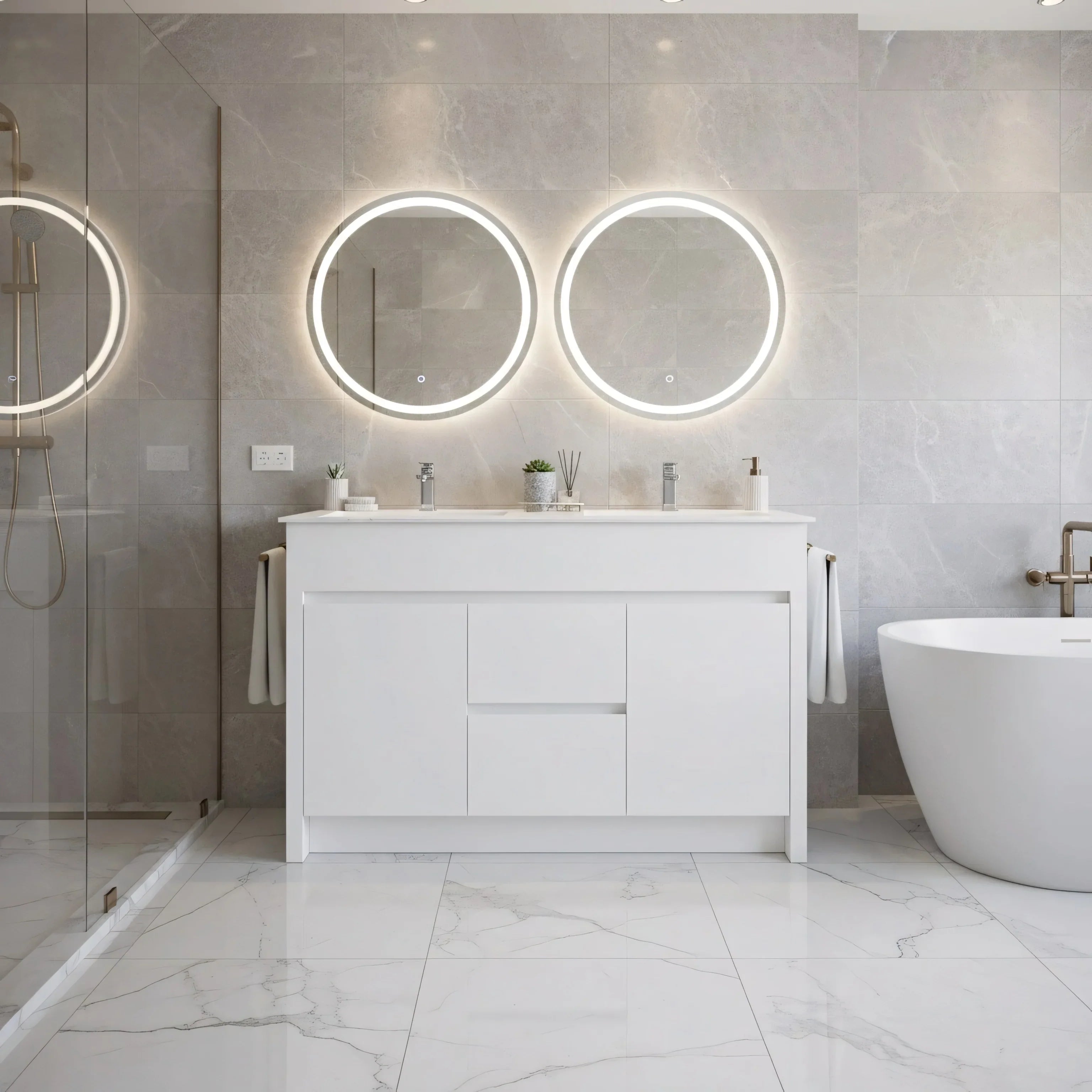 Meuble-Lavabo Autoportant 48po Blanc Mat avec Comptoir de Céramique Blanc