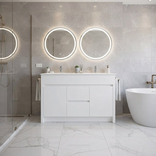 48" Matte White Freestanding Double Sink Bathroom Vanity with White Ceramic Countertop