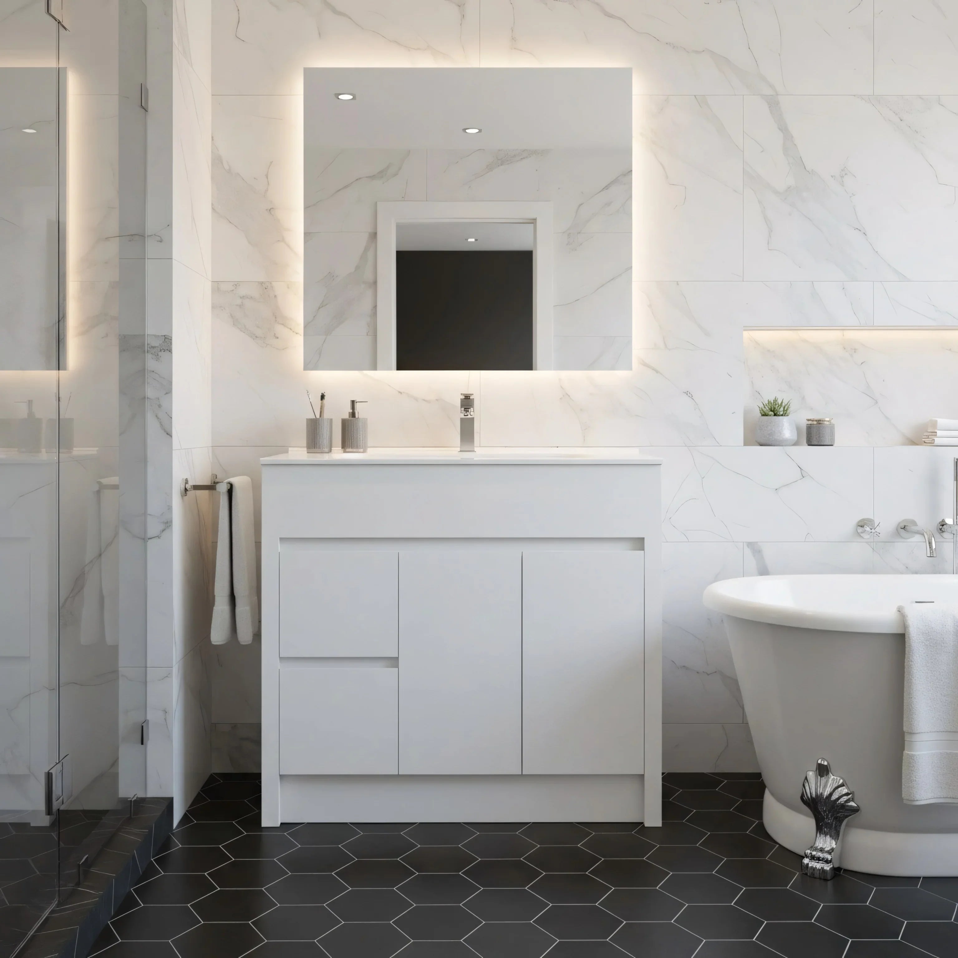 40" Matte White Freestanding Single Sink Bathroom Vanity with White Ceramic Countertop