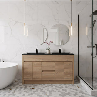 60" Rough Oak Freestanding Double Sink Bathroom Vanity with Black Engineered Quartz Countertop