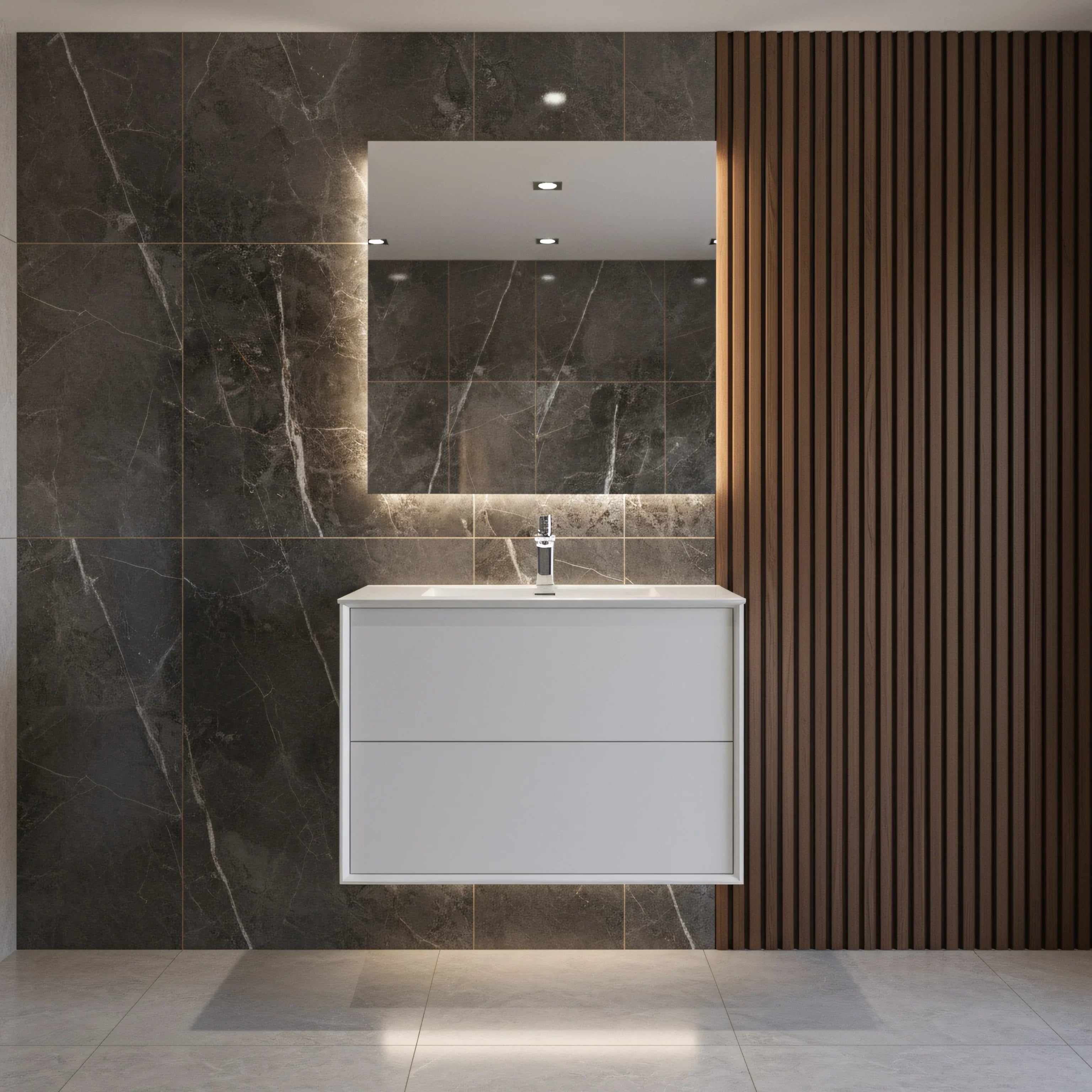 30" White Wall Mount Vanity with White Polymarble Countertop