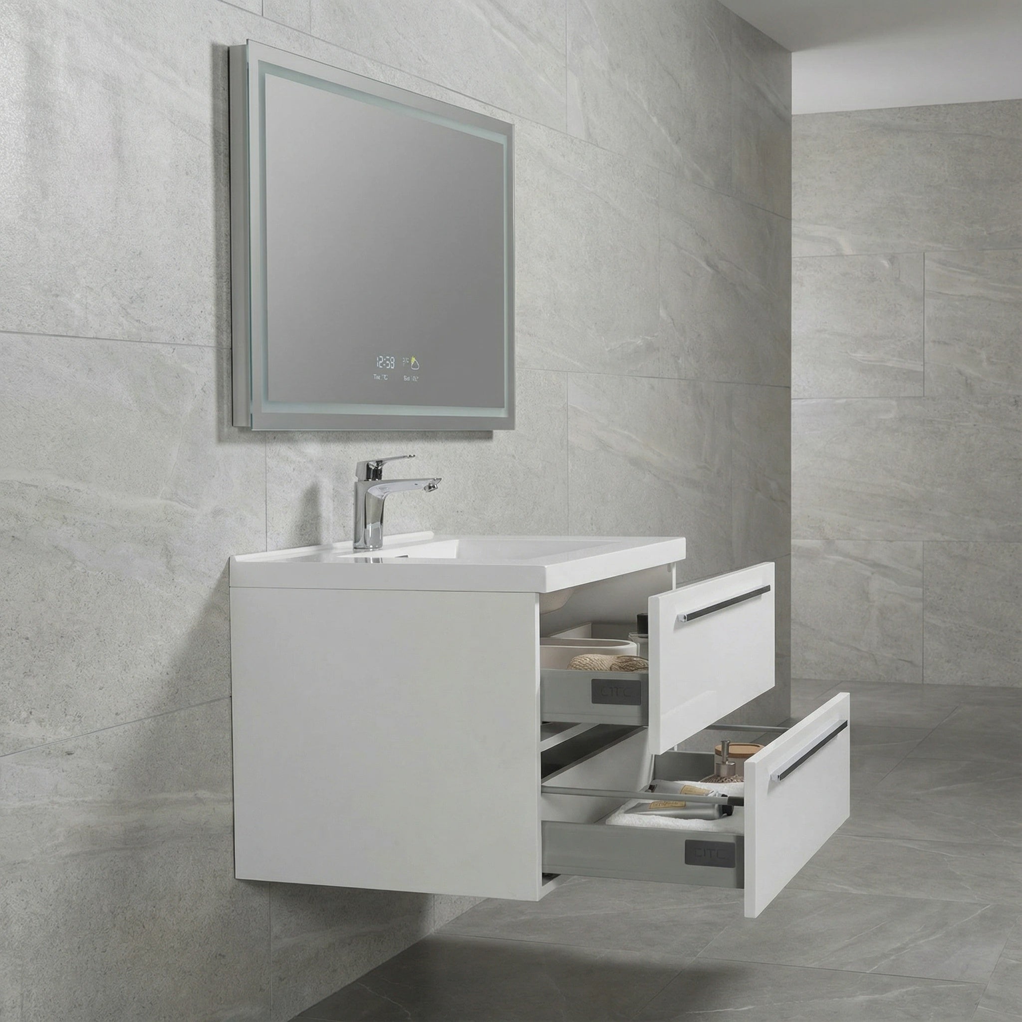 Meuble-Lavabo Mural 30po Blanc avec Comptoir de Polymarbre Blanc