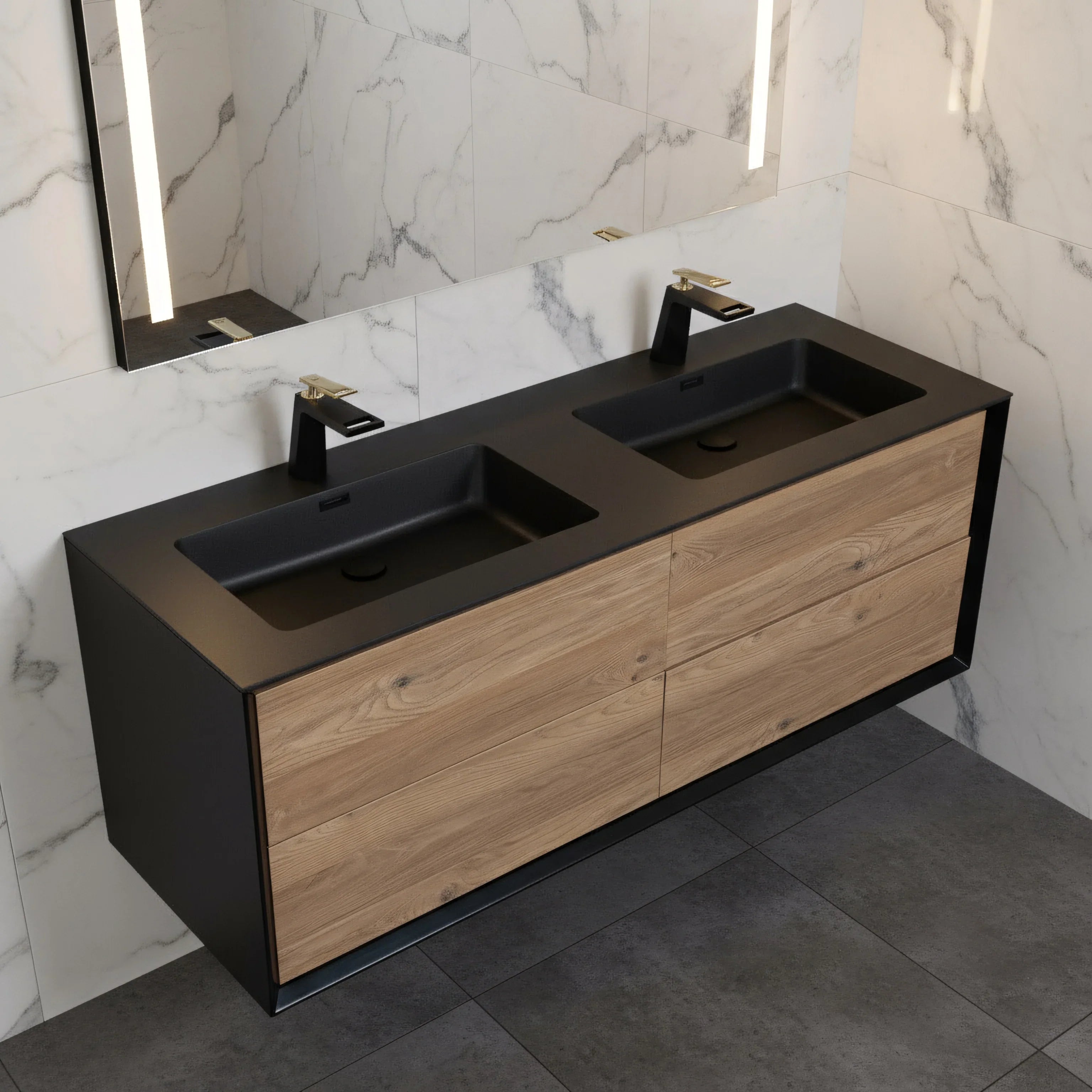 60" Black & Rough Oak Wall Mount Double Sink Bathroom Vanity with Black Engineered Quartz Countertop